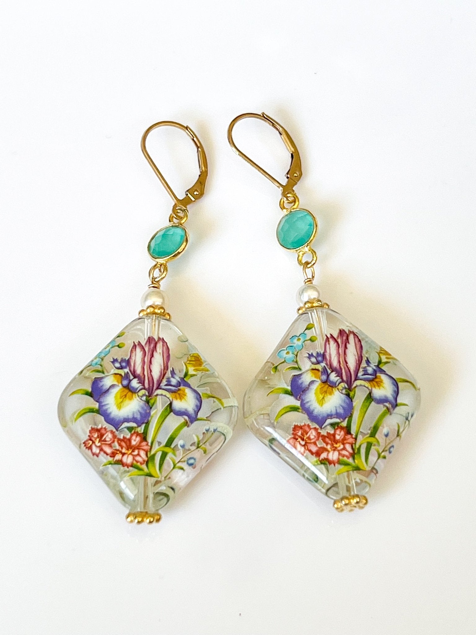 Floral Diamond Resin Gold Drop Earrings with Freshwater Pearls and Chrysoprase by Sage Machado - The Sage Lifestyle