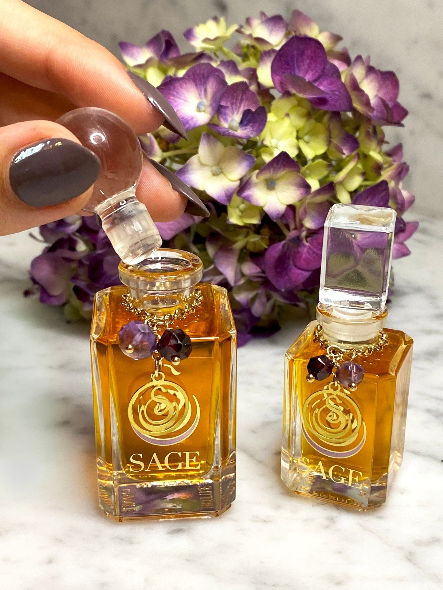 1/4 oz, 1/2 oz Sage Garnet Perfume Oil Vanity Bottles with gemstones, earthy, dark floral Gender Neutral, Vegan, Cruelty Free