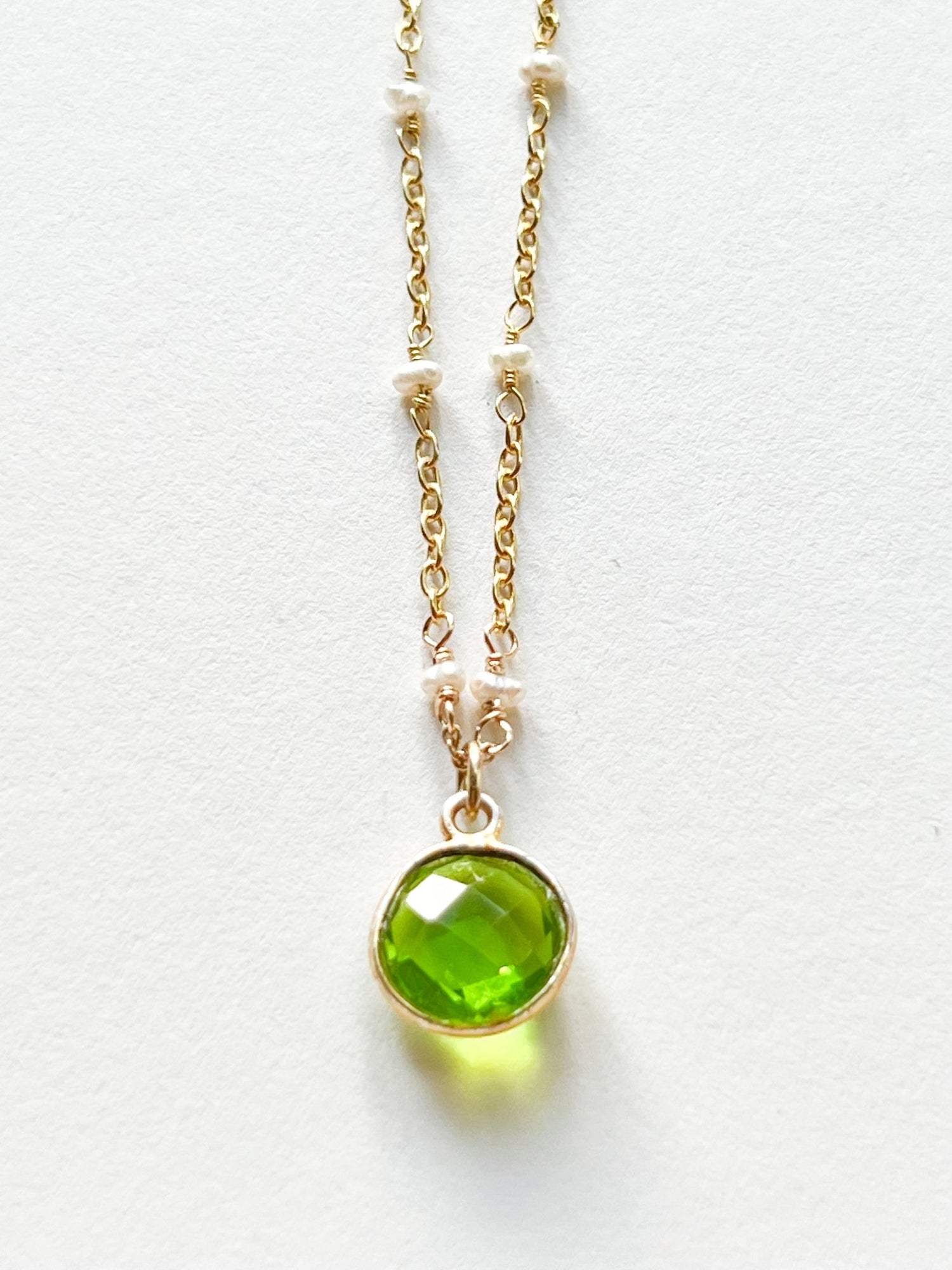 Green Hydro Quartz Round Charm Necklace on Gold Chain with White Freshwater Pearls by Sage Machado - The Sage Lifestyle