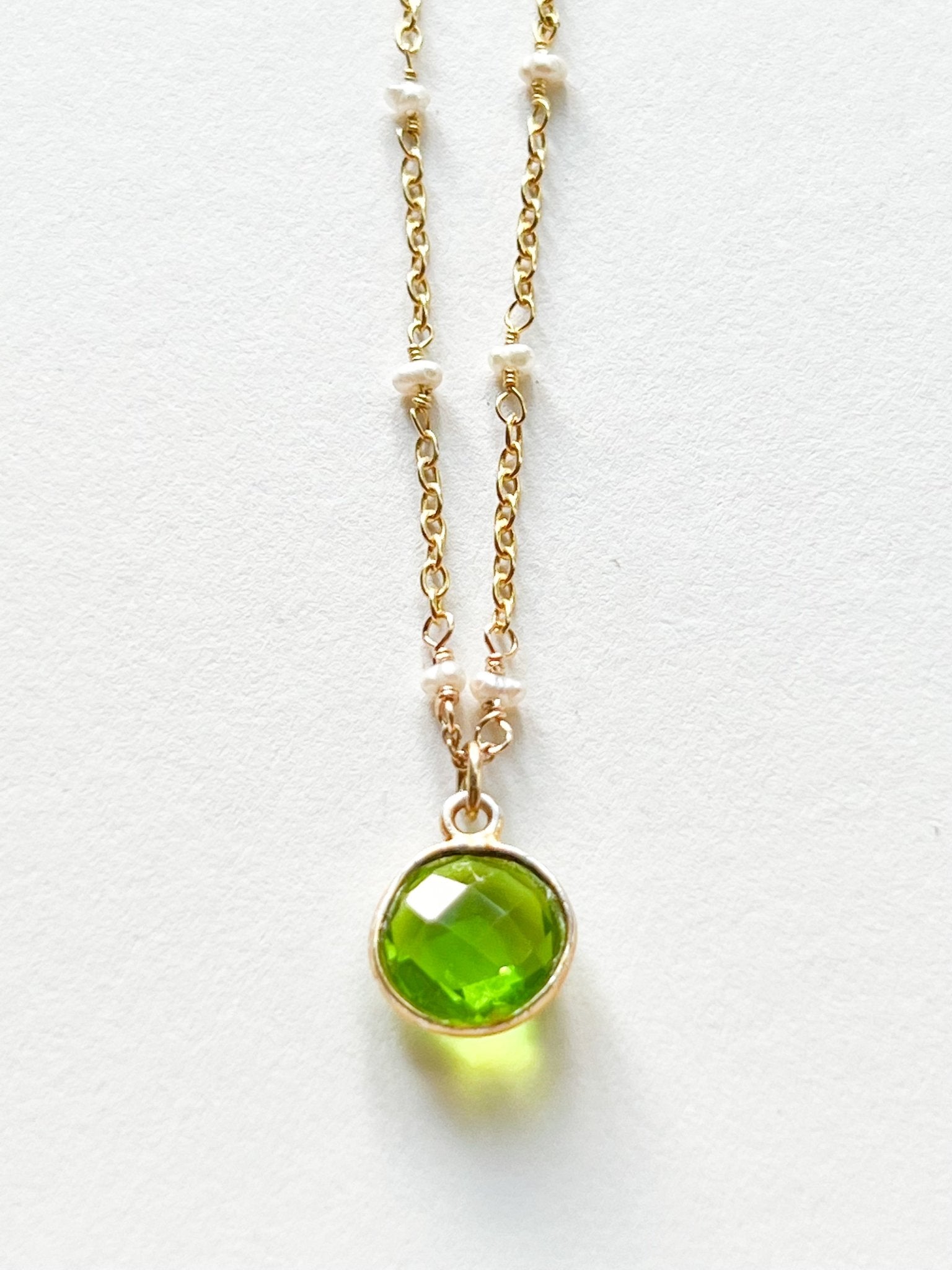 Green Hydro Quartz Round Charm Necklace on Gold Chain with White Freshwater Pearls by Sage Machado - The Sage Lifestyle