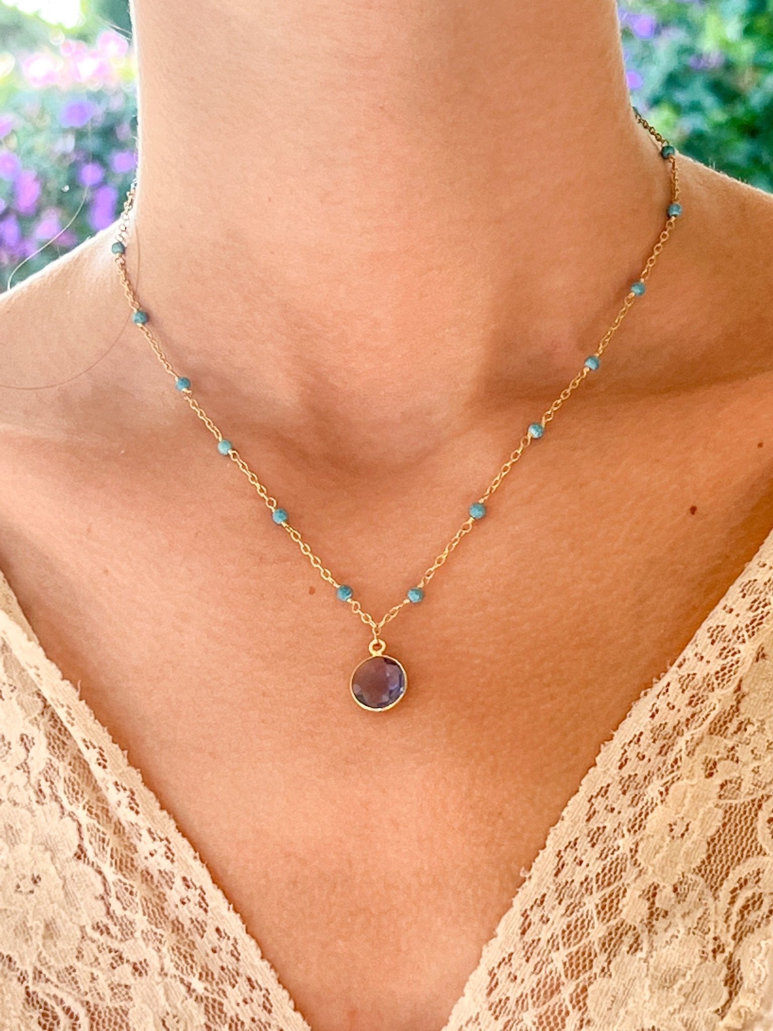 Indigo Hydro Quartz Charm Drop Necklace on Gold Chain with Arizona Turquoise by Sage Machado - The Sage Lifestyle