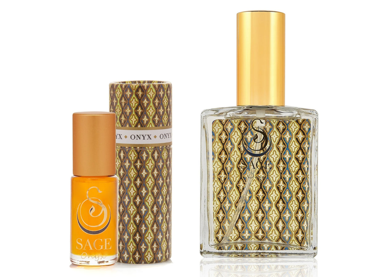 1/8 oz Onyx perfume oil roll on, 2 oz Onyx organic eau de toilette, earthy, vegan, cruelty-free, gender-neutral gift set