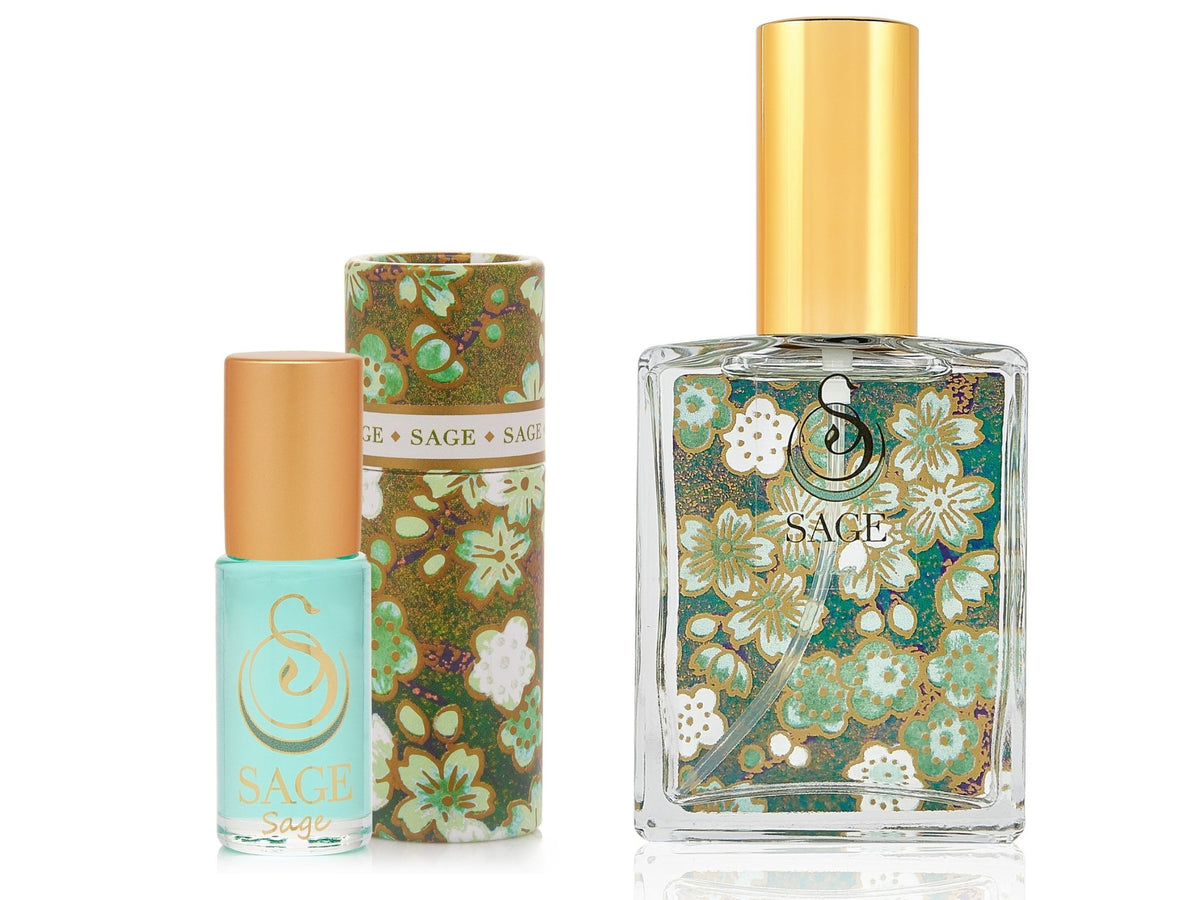 1/8 oz Sage perfume oil roll on, 2 oz Sage organic eau de toilette, fresh, vegan, cruelty-free fragrance gift set