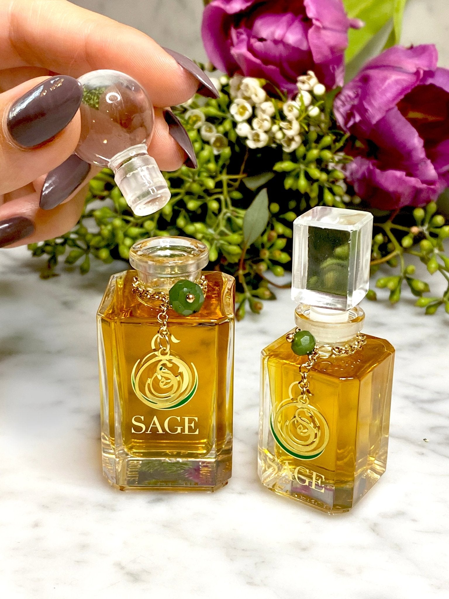 1/4 oz, 1/2 oz Sage Jade Perfume Oil anity Bottles with gemstones, dark floral, gender neutral,Vegan, Cruelty Free fragrance