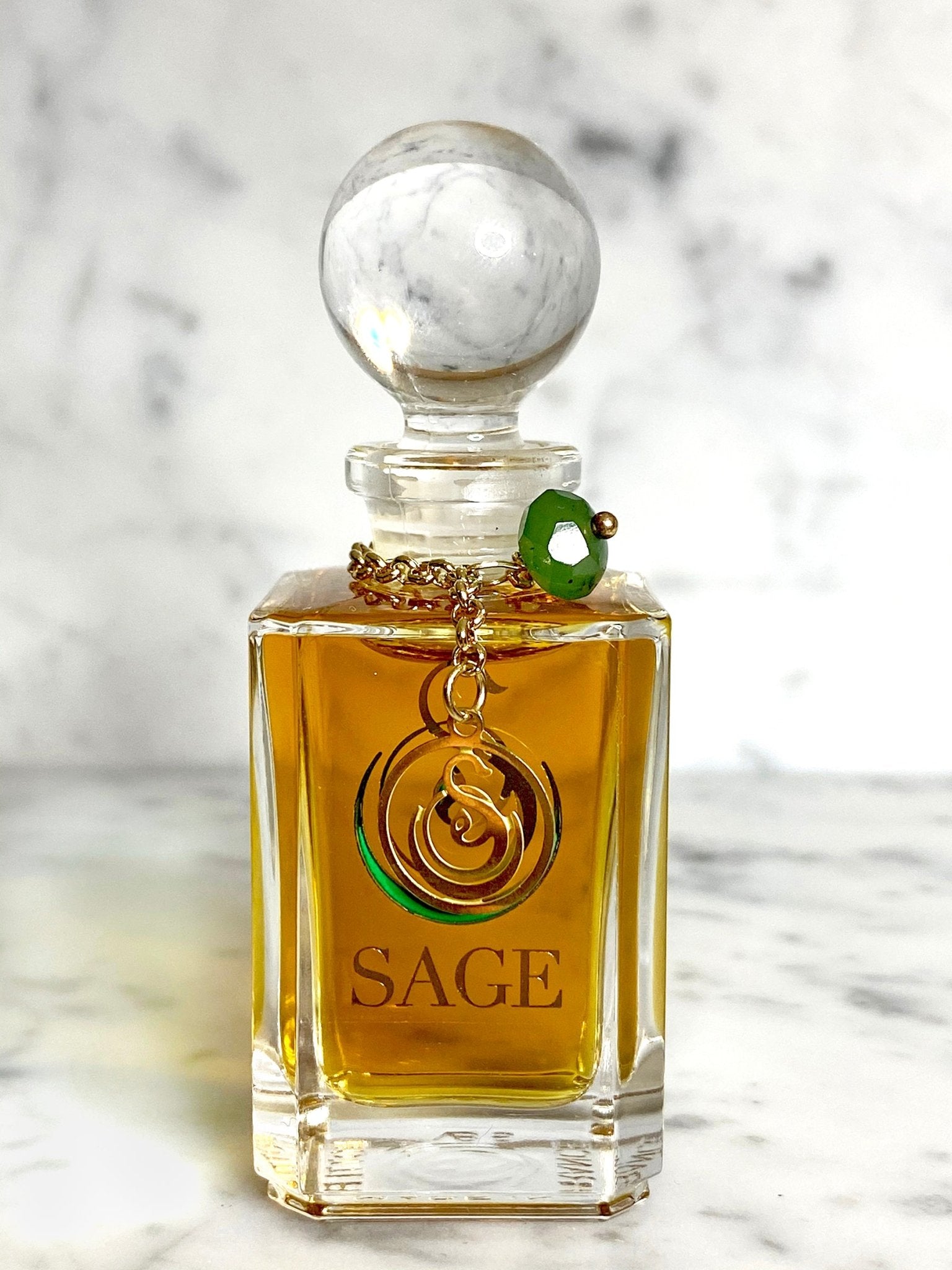 1/2 oz Sage Jade Perfume Oil Glass Vanity Bottle with gemstones, dark floral, gender neutral,Vegan, Cruelty Free fragrance