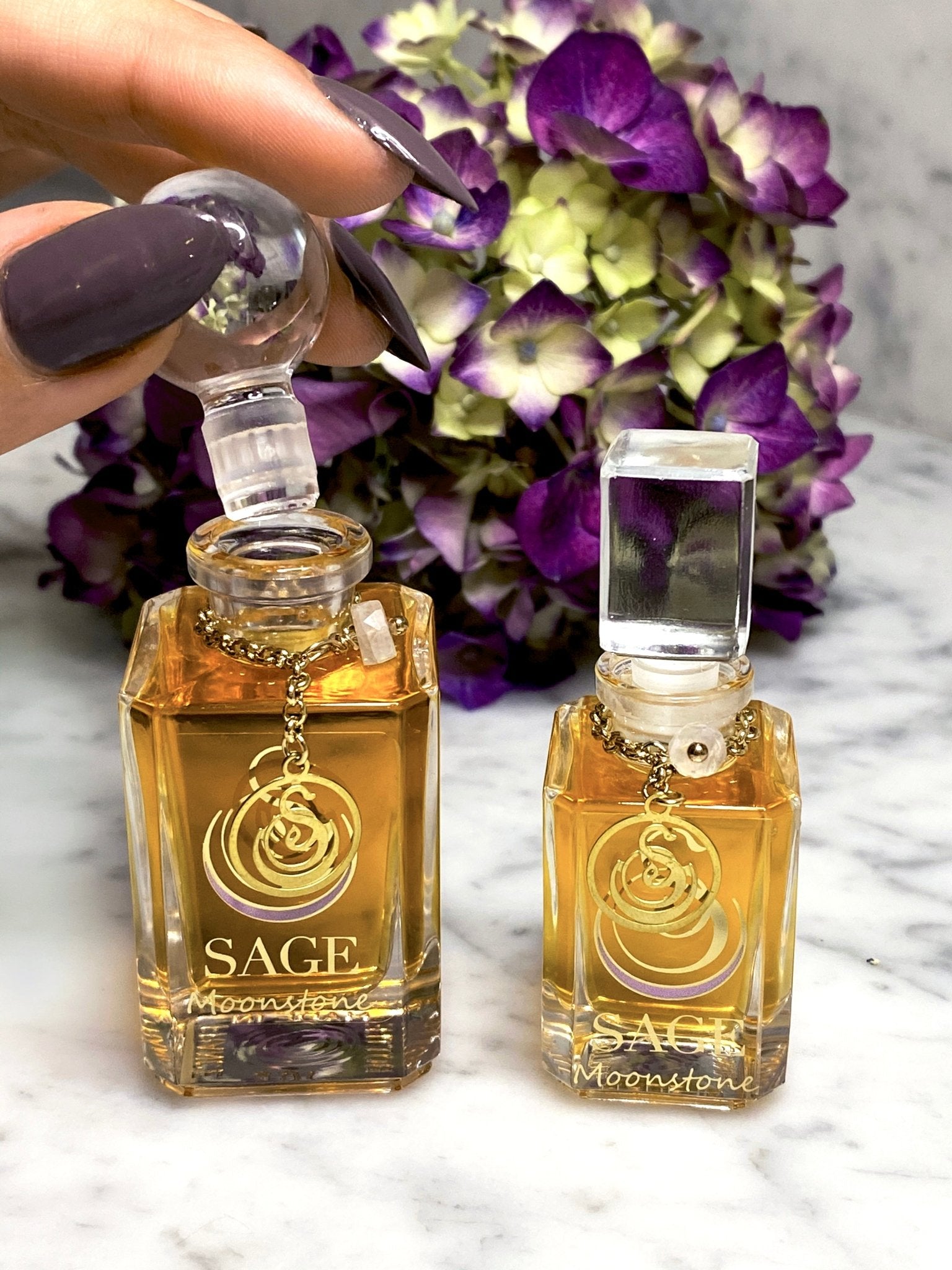 1/4 and 1/2 oz Sage Moonstone Perfume Oil Vanity Bottles with gemstones, light floral, Gender Neutral, Vegan and Cruelty Free