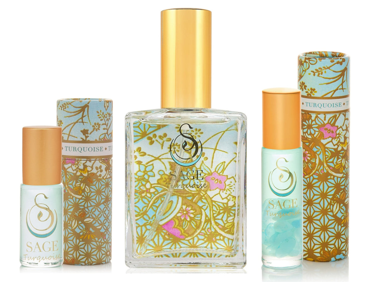 1/8 oz Turquoise perfume oil, 2 oz Turquoise Organic eau de toilette, 1/4 oz roll-on with gemstones, vegan, gift set