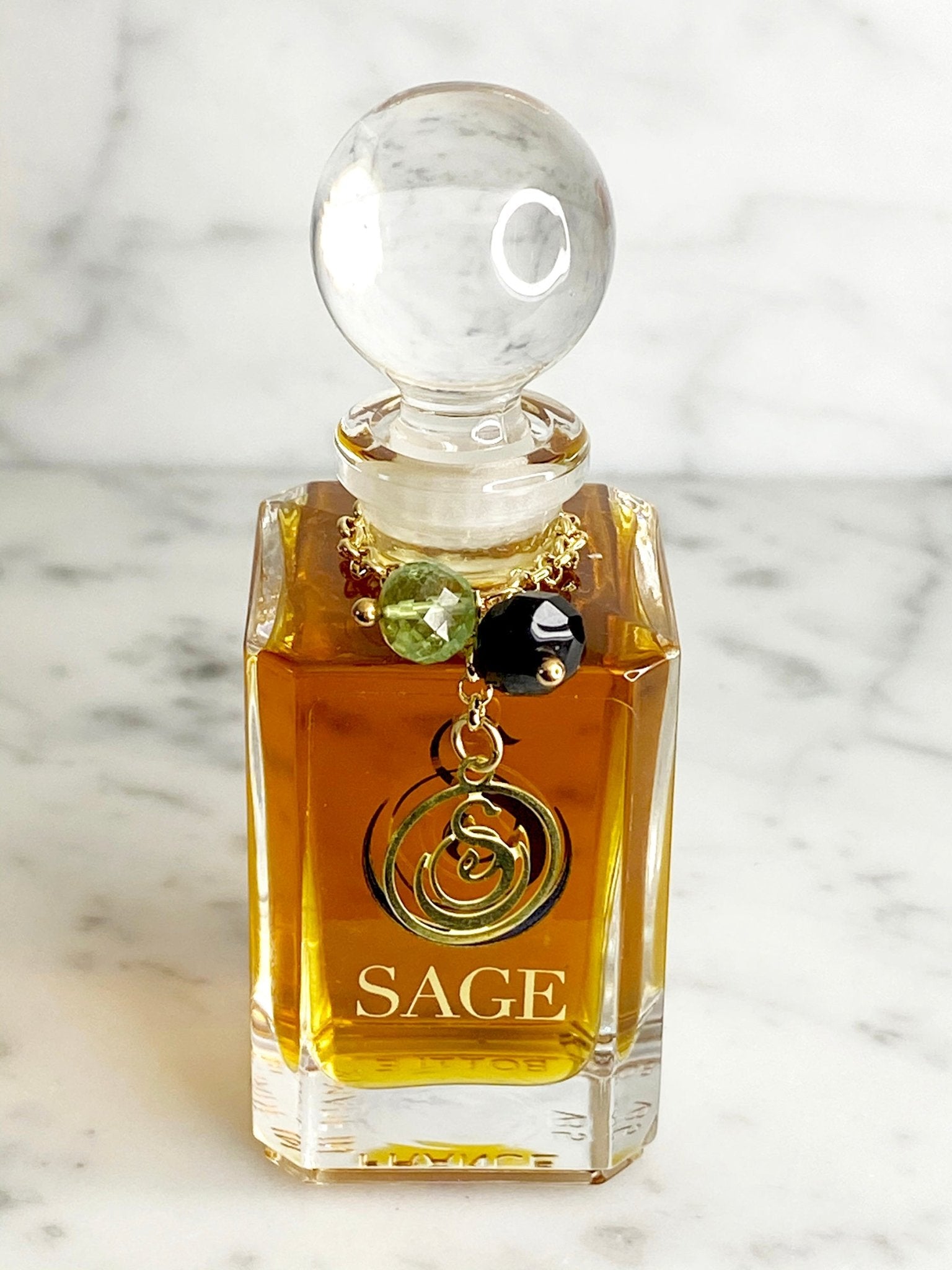 1/2 oz Sage Onyx Peridot Perfume Oil Glass Vanity Bottle with gemstones, Earthy Gender Neutral Vegan, and Cruelty Free scent