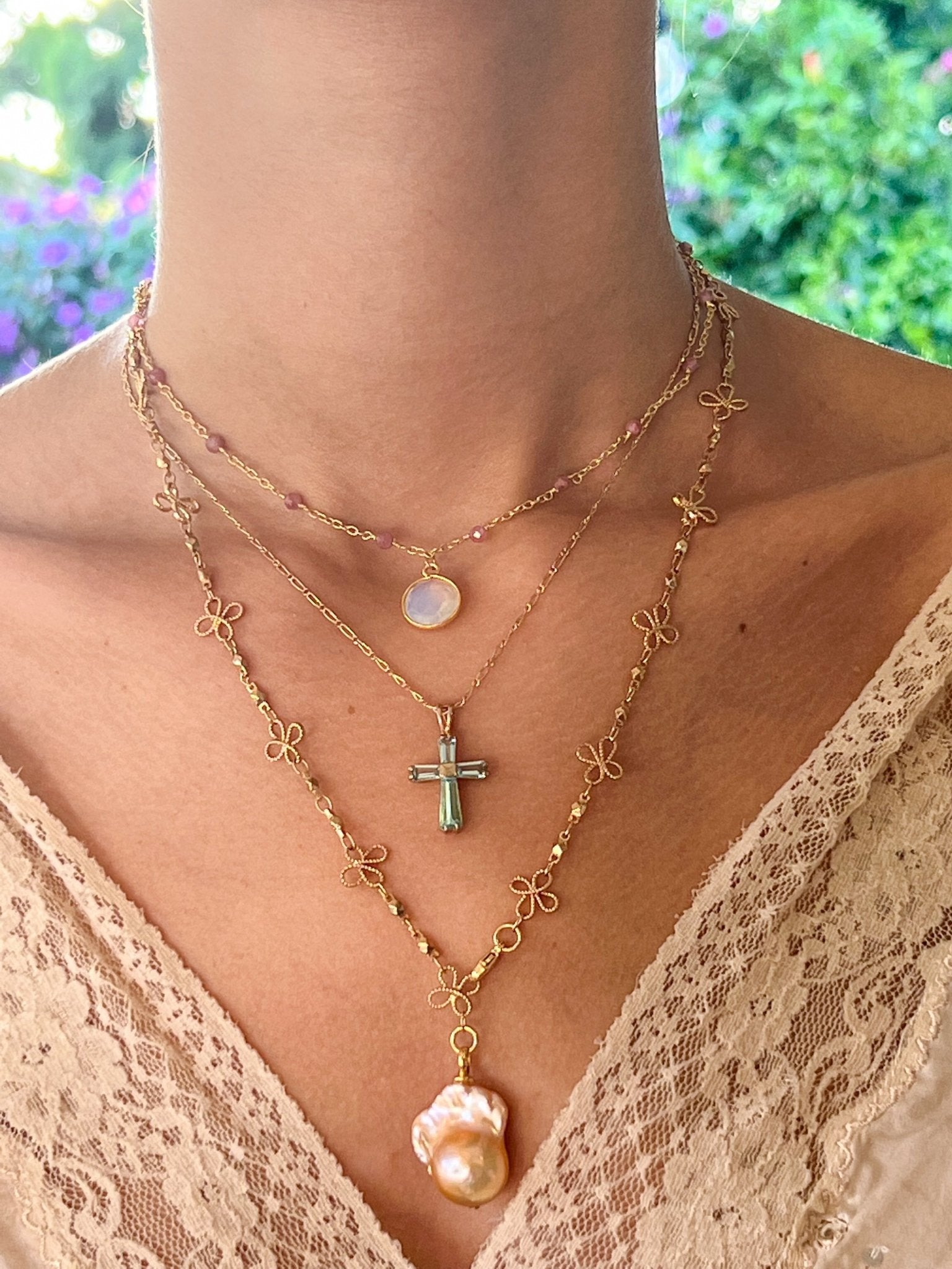 Opalite Charm Drop Necklace on Gold Chain with Freshwater Pearls by Sage Machado - The Sage Lifestyle