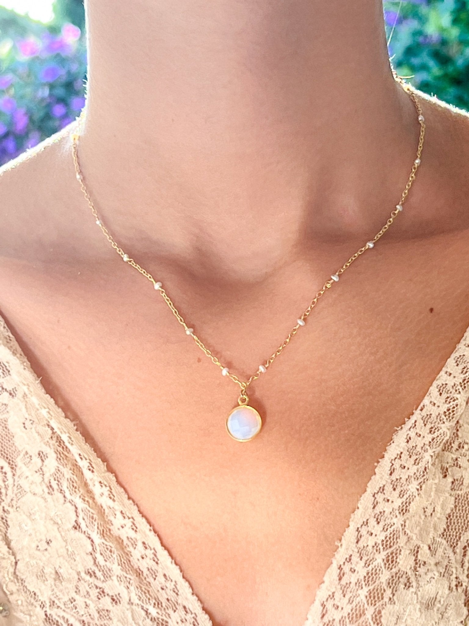 Opalite Charm Drop Necklace on Gold Chain with Freshwater Pearls by Sage Machado - The Sage Lifestyle