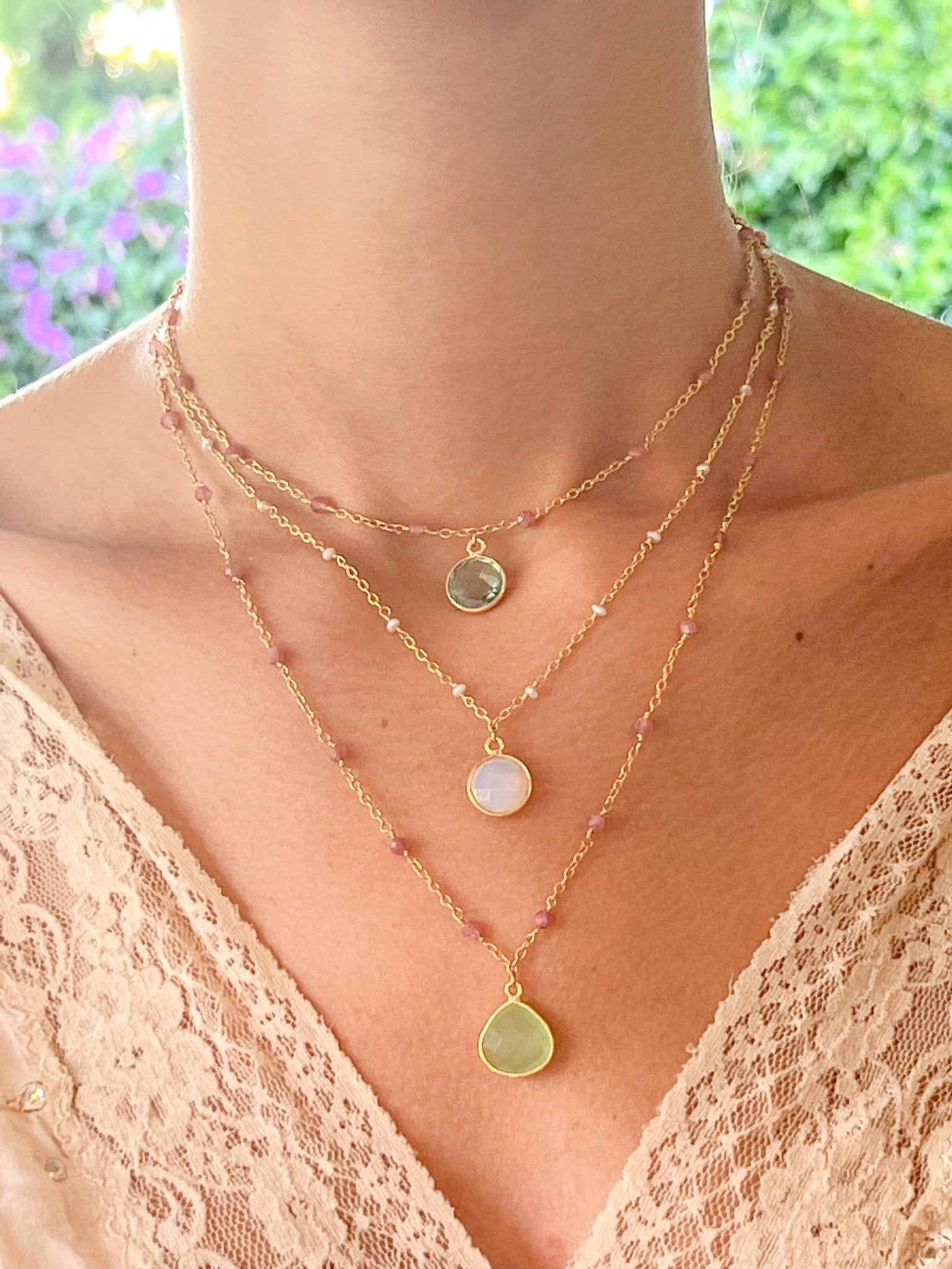 Opalite Charm Drop Necklace on Gold Chain with Freshwater Pearls by Sage Machado - The Sage Lifestyle