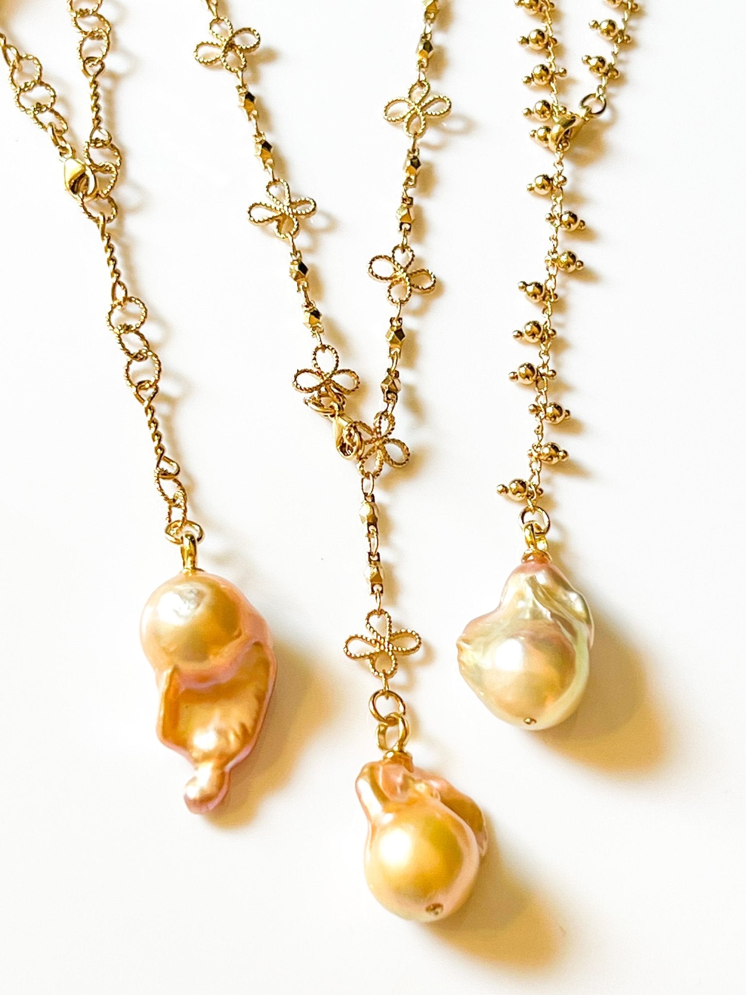 Peach Japanese Keshi Pearl Necklace on Gold Ball Charm Chain by Sage Machado - The Sage Lifestyle