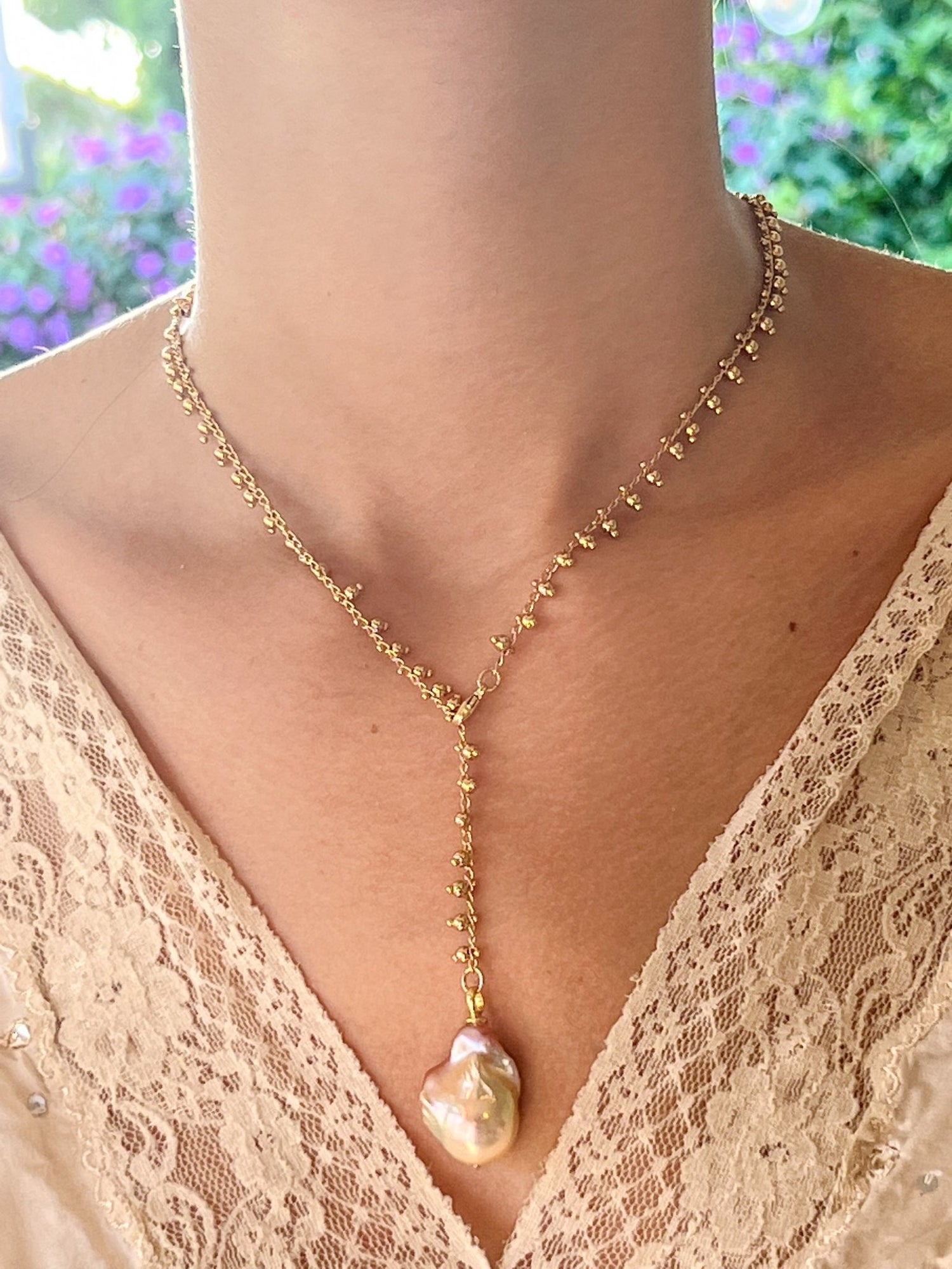 Peach Japanese Keshi Pearl Necklace on Gold Ball Charm Chain by Sage Machado - The Sage Lifestyle