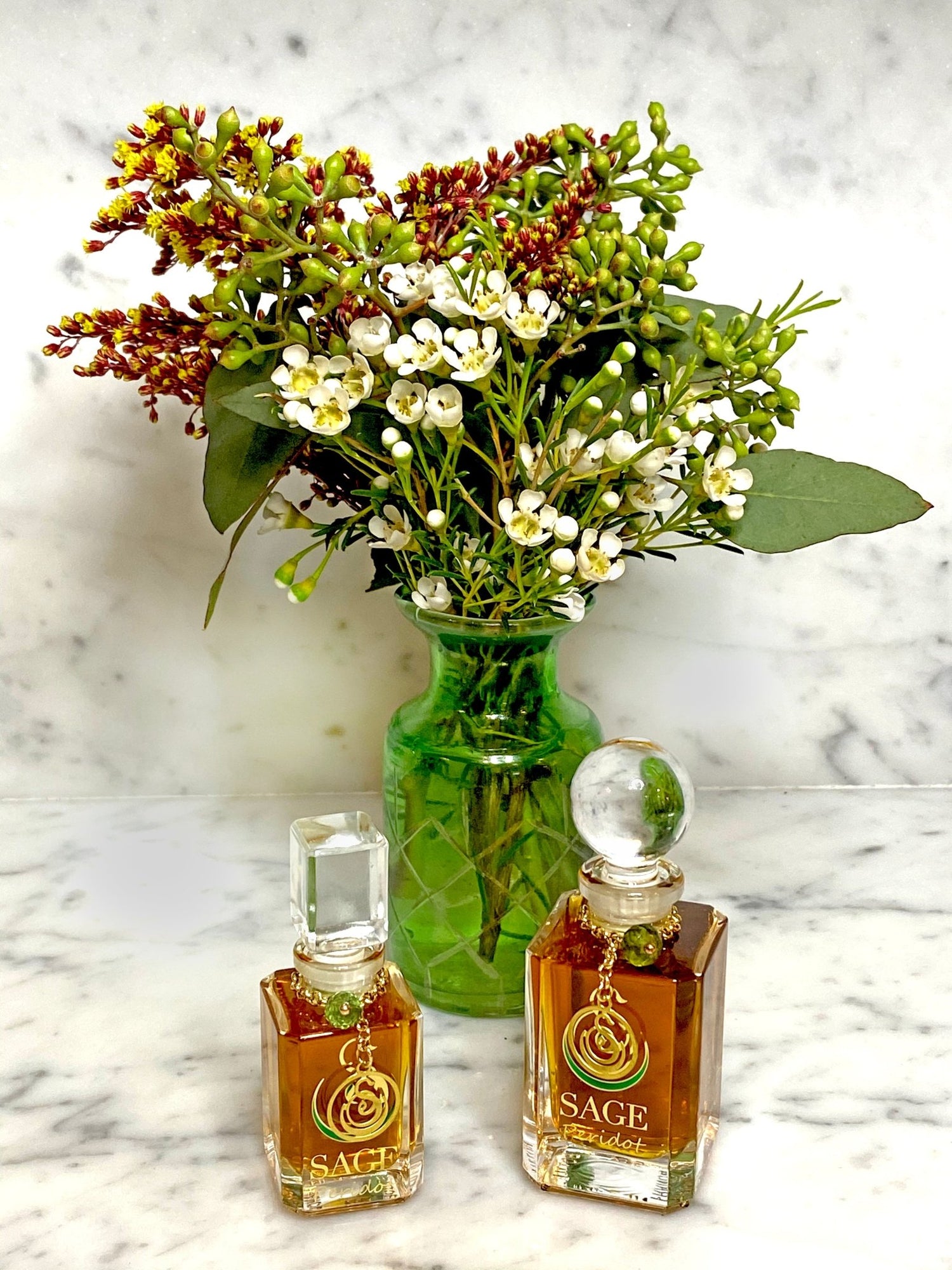 1/4 oz, 1/2 oz Sage Peridot Perfume Oil Vanity Bottles with gemstones, fresh, fruity, Gender Neutral, Vegan, Cruelty Free