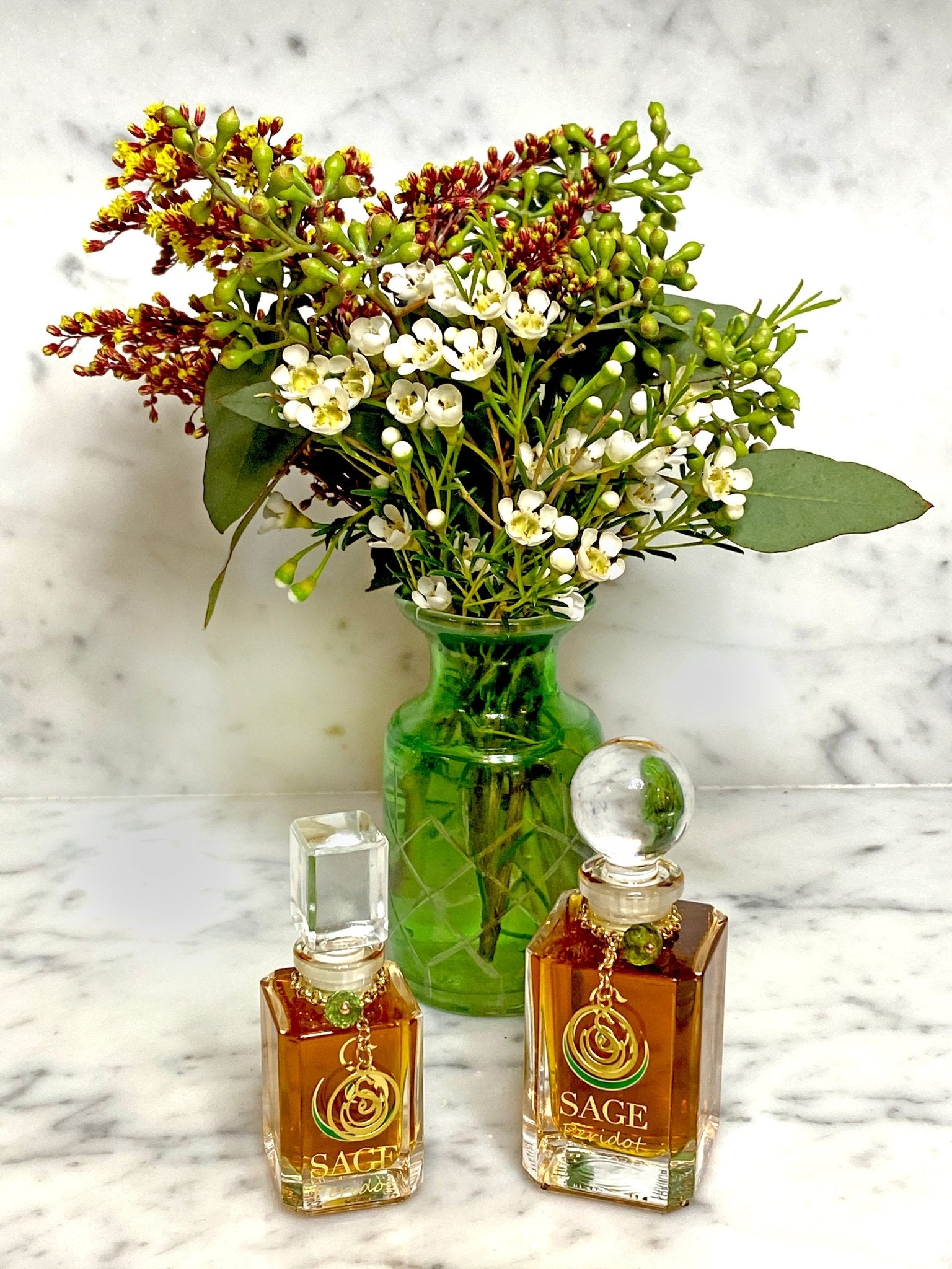 1/4 oz, 1/2 oz Sage Peridot Perfume Oil Vanity Bottles with gemstones, fresh, fruity, Gender Neutral, Vegan, Cruelty Free