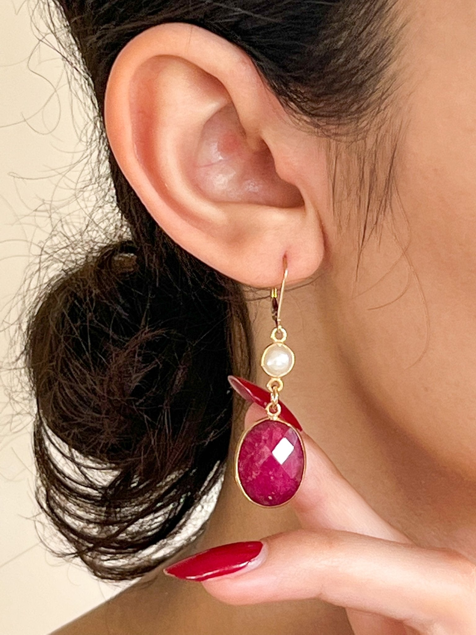 Raw Ruby Large Oval Drop Gold Earrings with Freshwater Pearls by