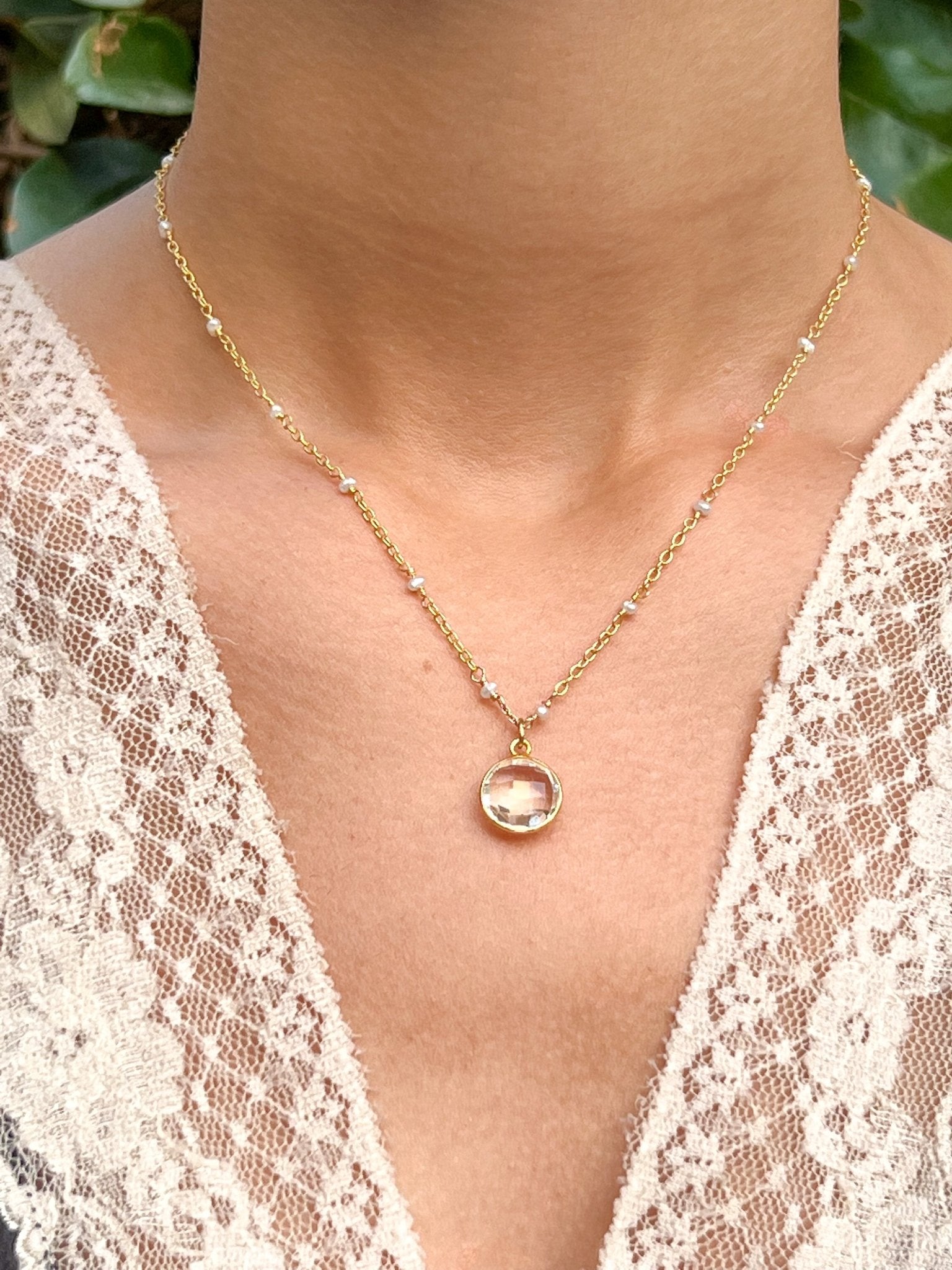 Rock Quartz Crystal Round Charm Necklace on Gold Chain with White Freshwater Pearls by Sage Machado - The Sage Lifestyle