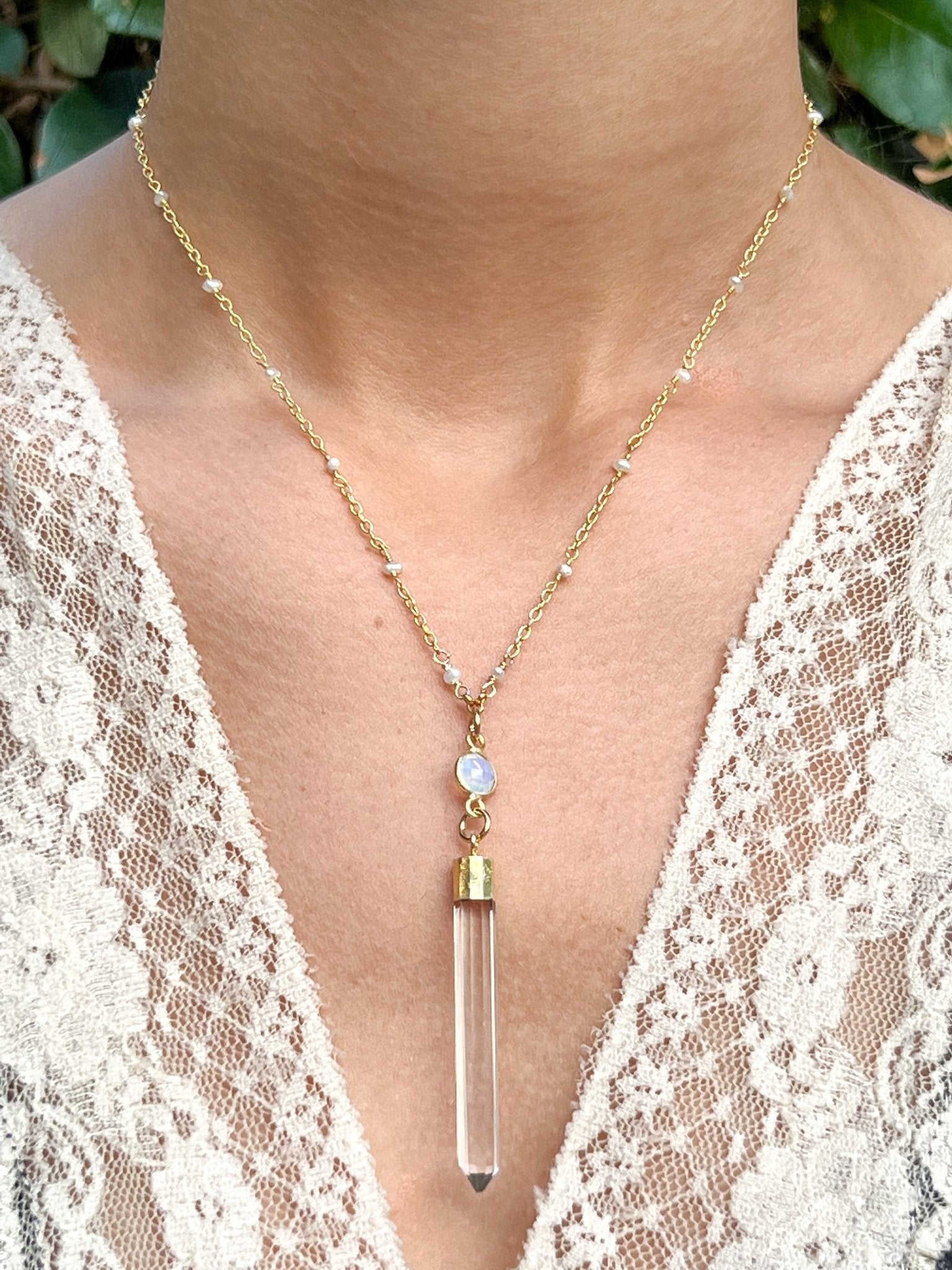 Rock Quartz Crystal Spike with Opalite Necklace on Gold Chain with White Freshwater Pearls by Sage Machado - The Sage Lifestyle