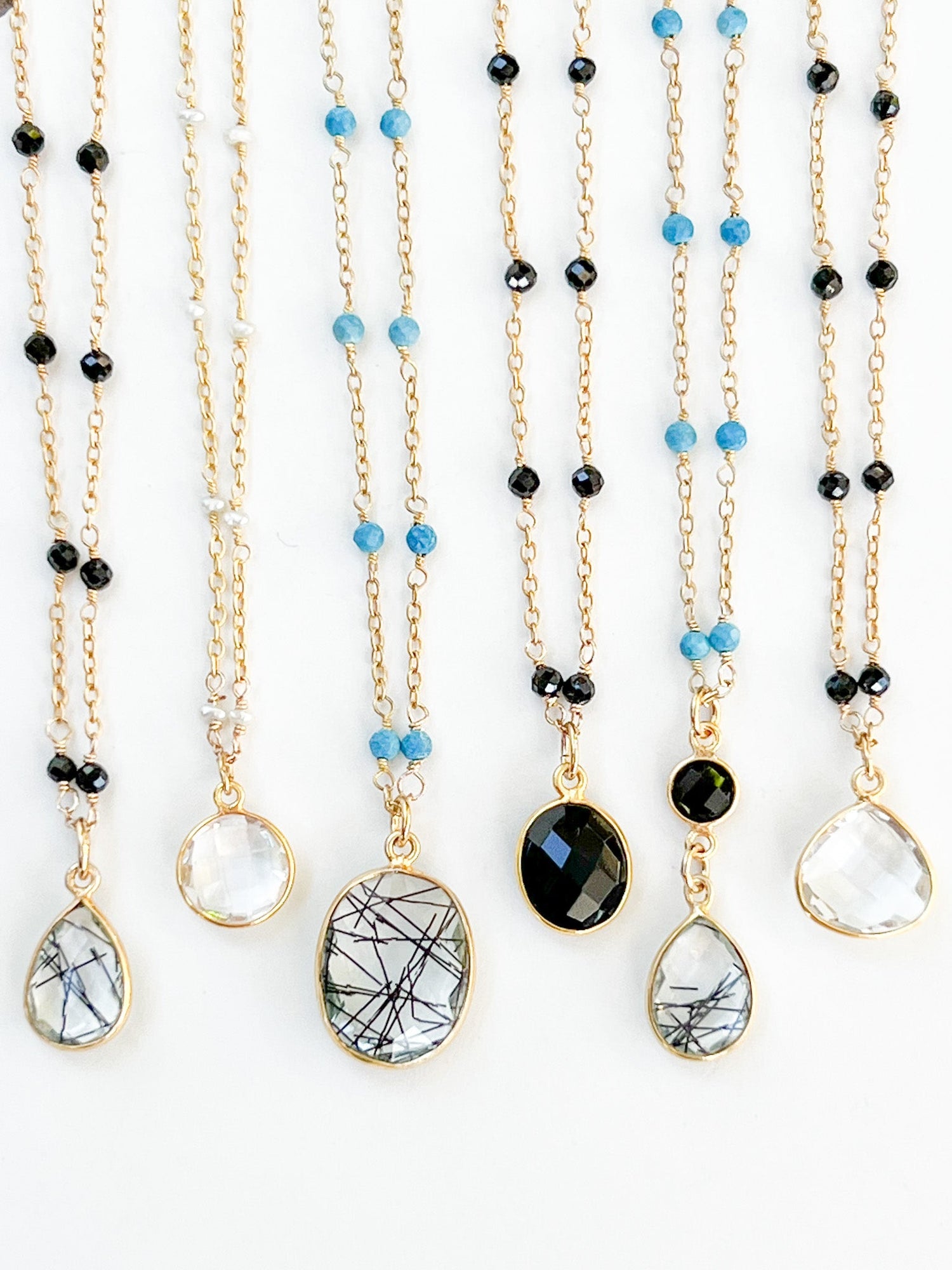 Rock Quartz Teardrop Charm Necklace on Gold Chain with Black Onyx by Sage Machado - The Sage Lifestyle