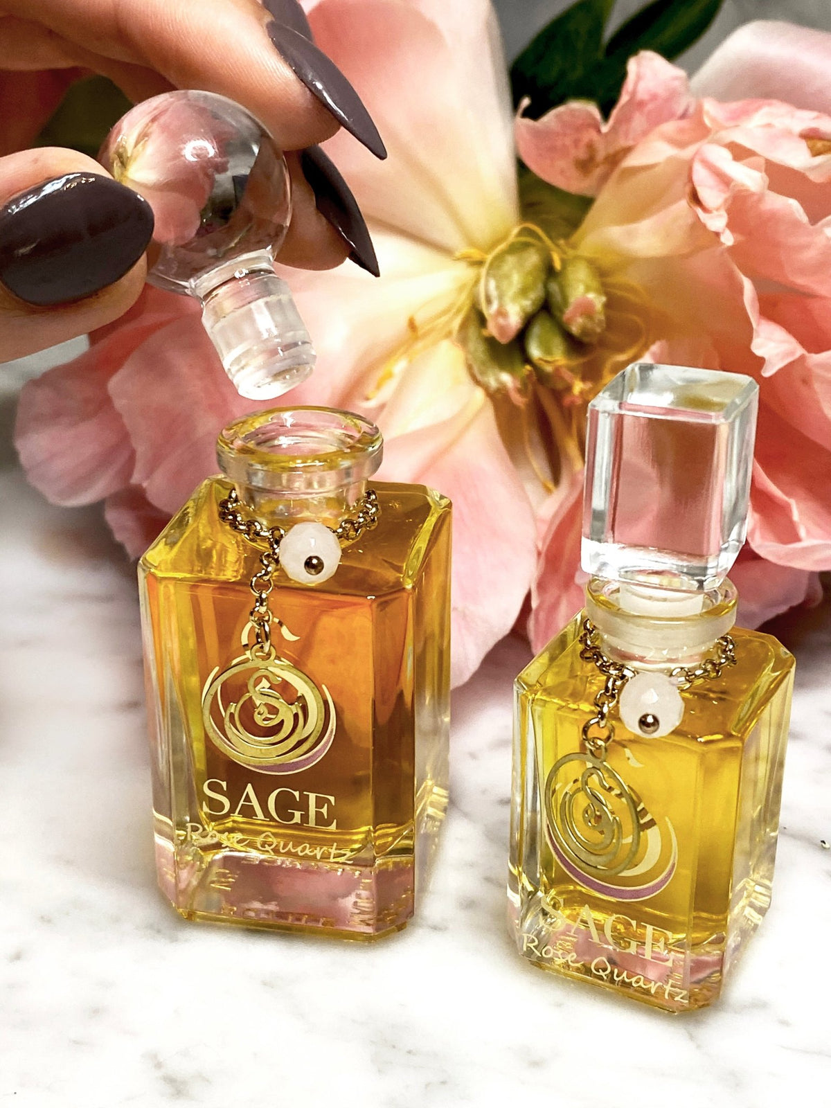 1/4 oz, 1/2 oz Sage Rose Quartz Perfume Oil Vanity Bottles with gemstones, Floral, Gender Neutral, Vegan, Cruelty free