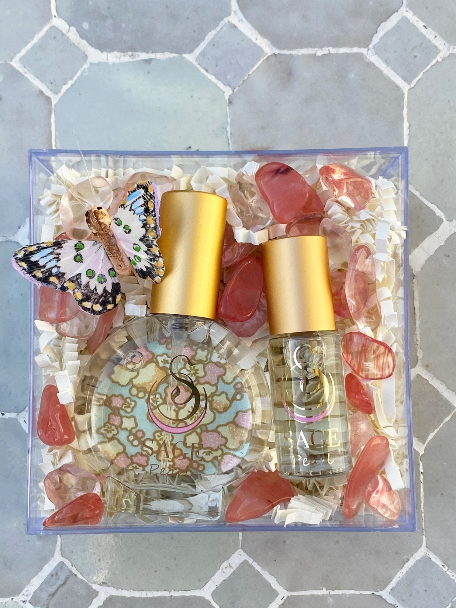 Customized gift set in box including 1/2 oz eau de toilette and 1/8 oz perfume oil roll on, vegan, cruelty-free, fragrances