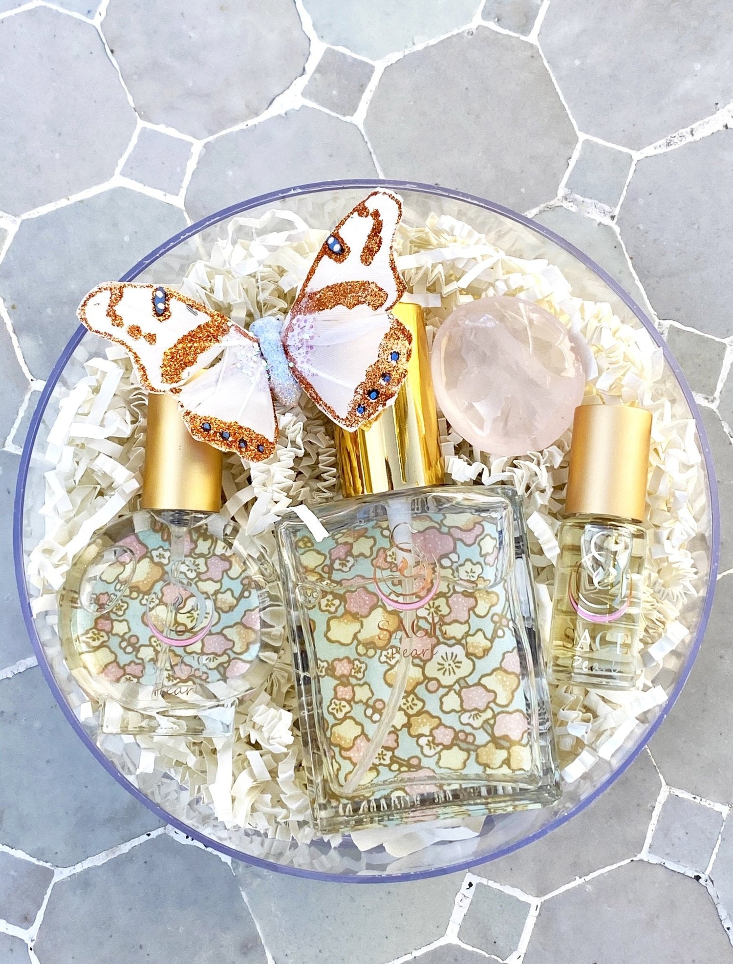 Customized gift set in box 1/8 oz perfume oil, 2 oz and 1/2 oz eau de toilette, gemstone, reusable box, vegan, cruelty-free
