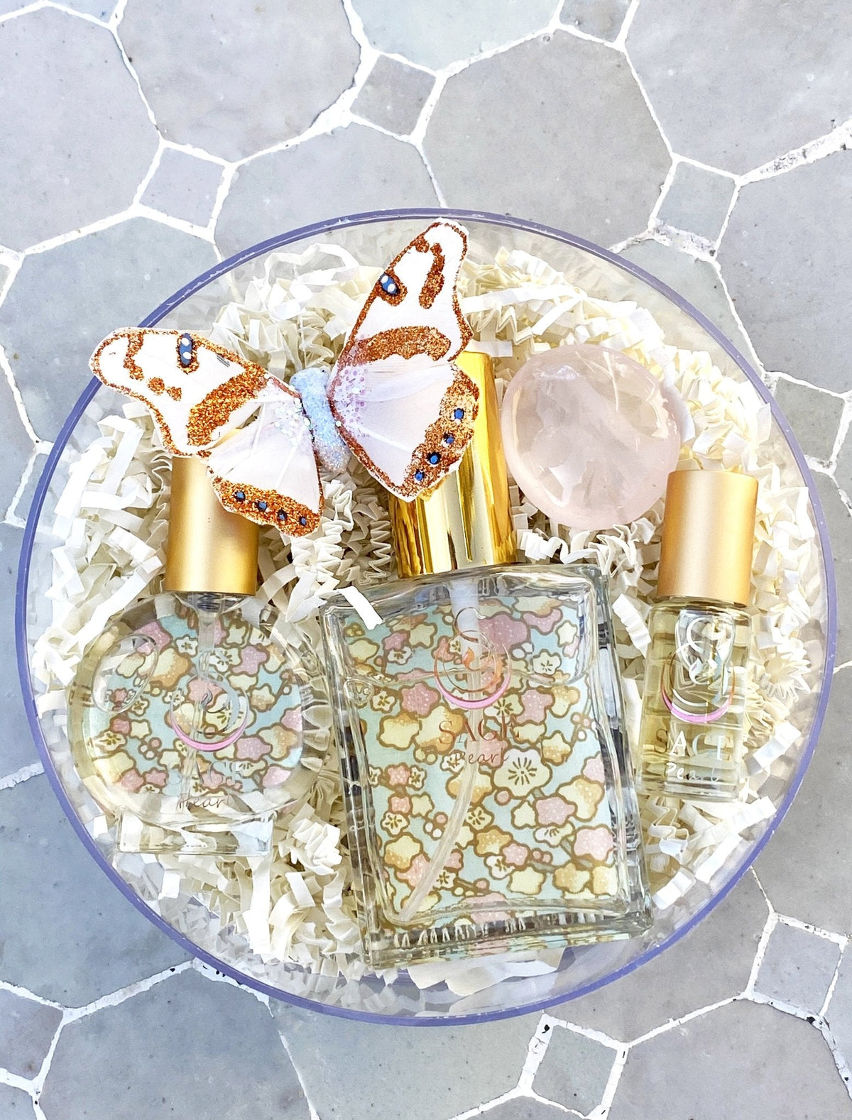 Customized gift set in box 1/8 oz perfume oil, 2 oz and 1/2 oz eau de toilette, gemstone, reusable box, vegan, cruelty-free