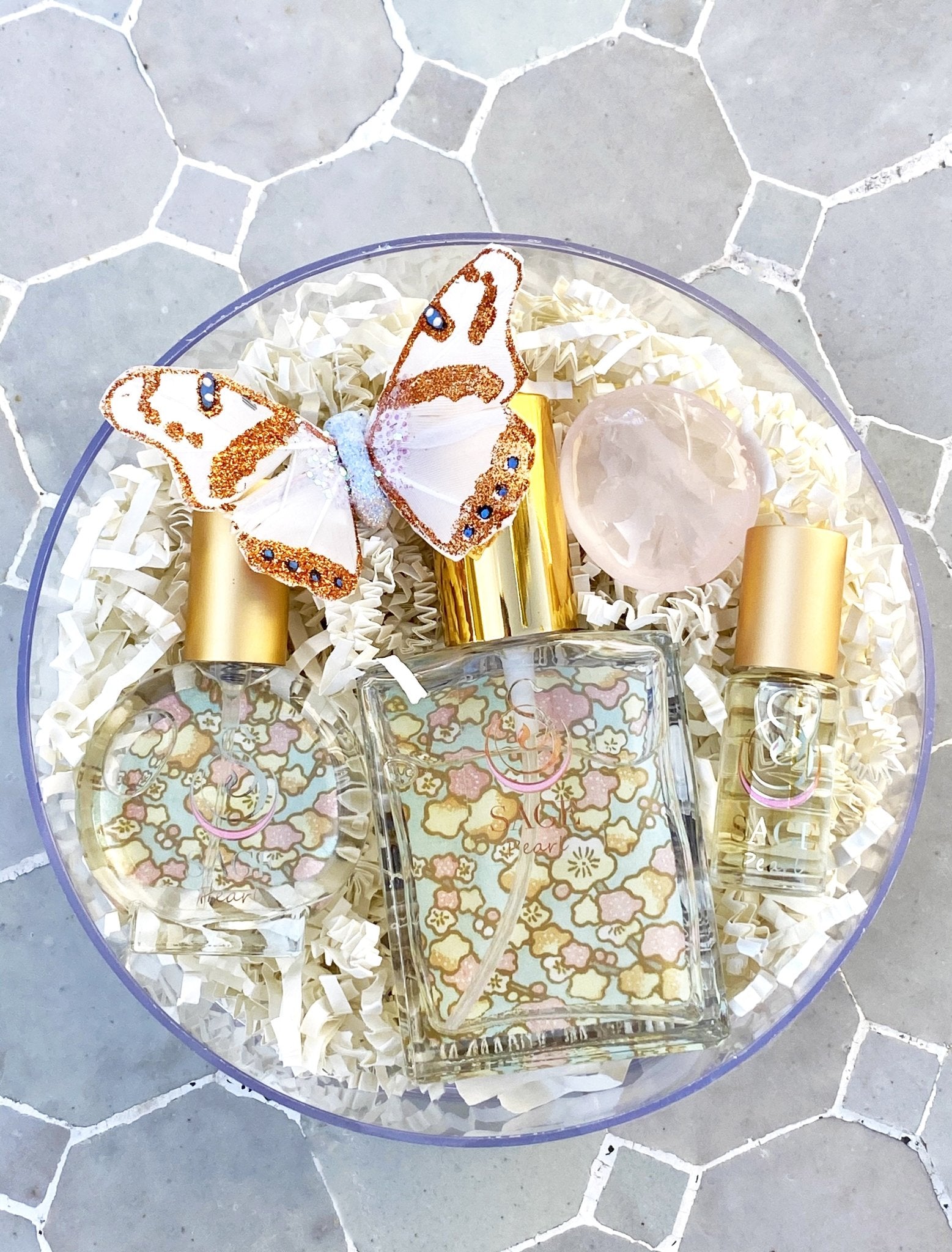Customized gift set in box 1/8 oz perfume oil, 2 oz and 1/2 oz eau de toilette, gemstone, reusable box, vegan, cruelty-free