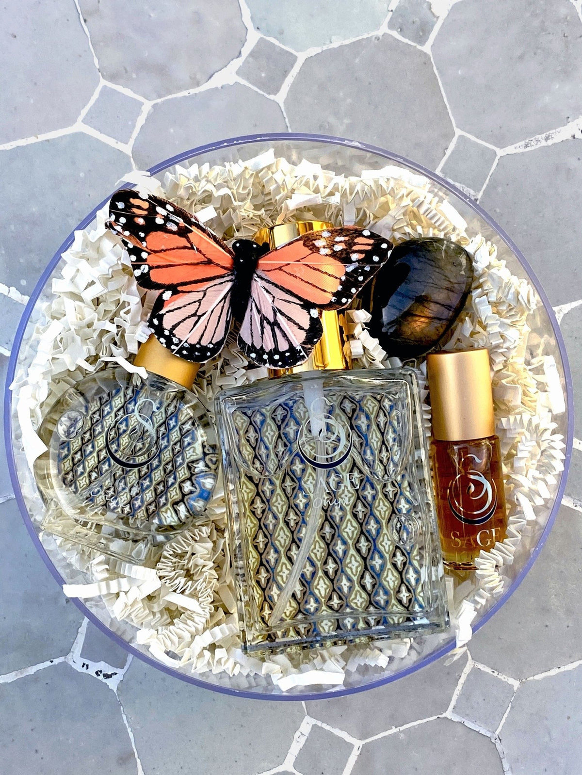 Customized gift set in box 1/8 oz perfume oil, 2 oz and 1/2 oz eau de toilette, gemstone, reusable box, vegan, cruelty-free