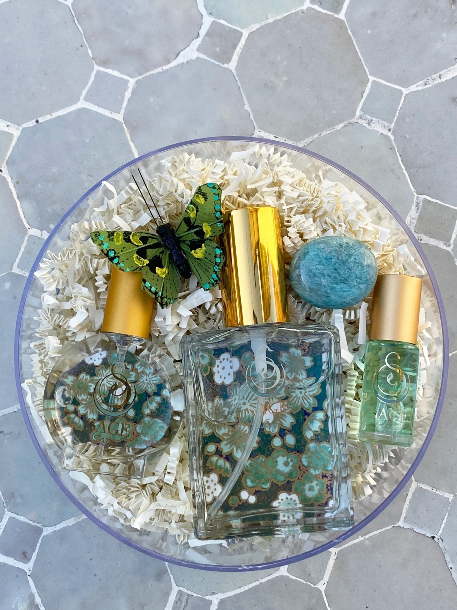 Customized gift set in box 1/8 oz perfume oil, 2 oz and 1/2 oz eau de toilette, gemstone, reusable box, vegan, cruelty-free