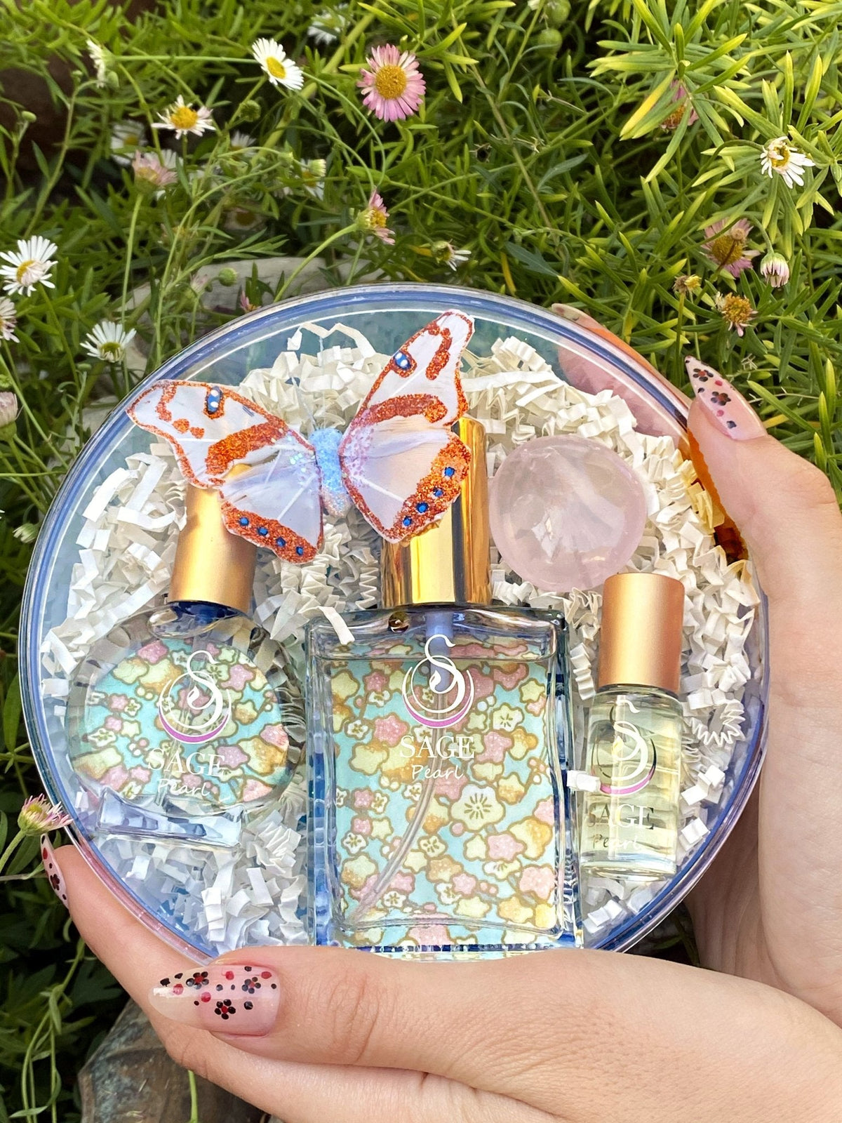 Customized gift set in box 1/8 oz perfume oil, 2 oz and 1/2 oz eau de toilette, gemstone, reusable box, vegan, cruelty-free