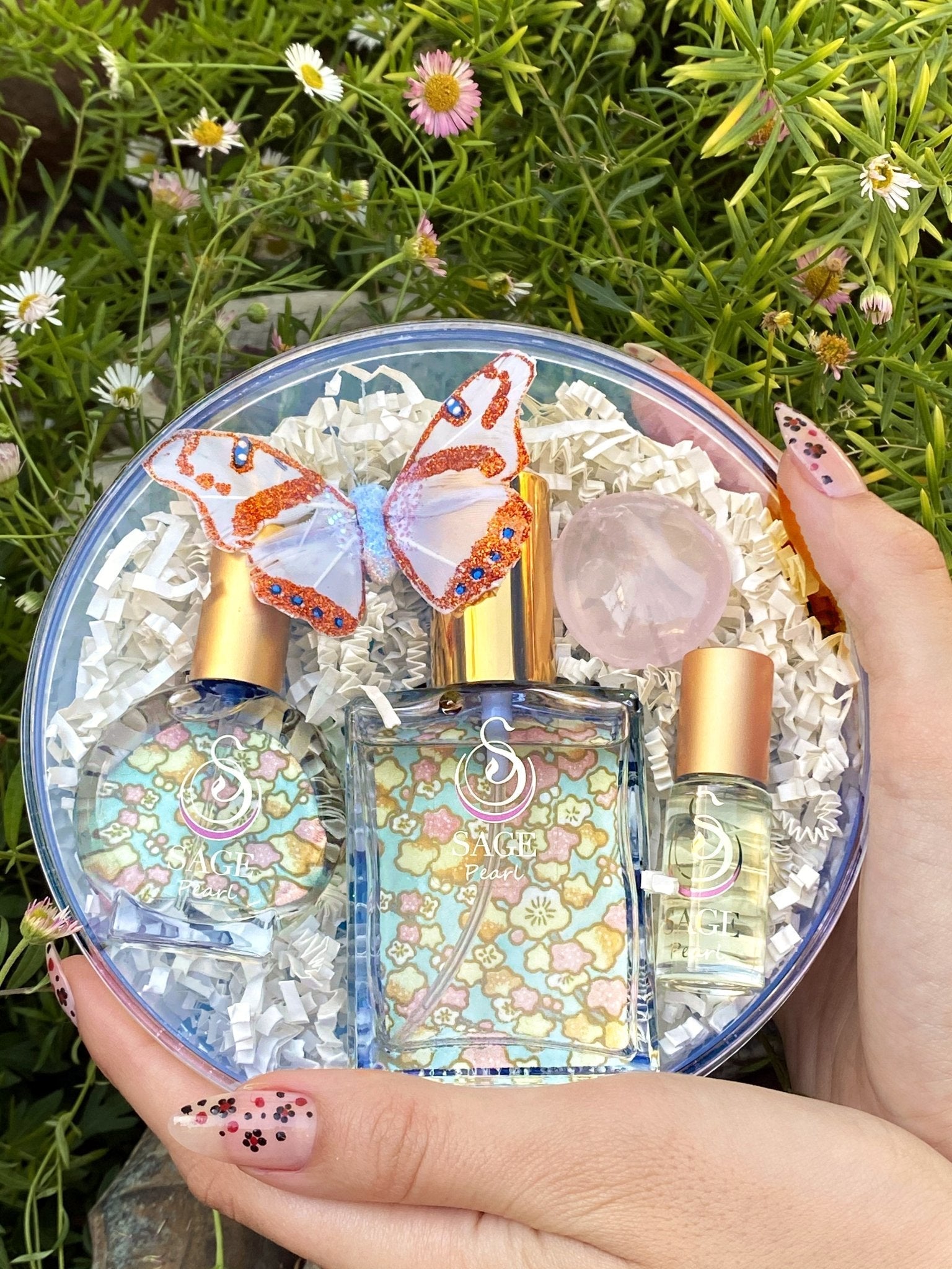 Customized gift set in box 1/8 oz perfume oil, 2 oz and 1/2 oz eau de toilette, gemstone, reusable box, vegan, cruelty-free