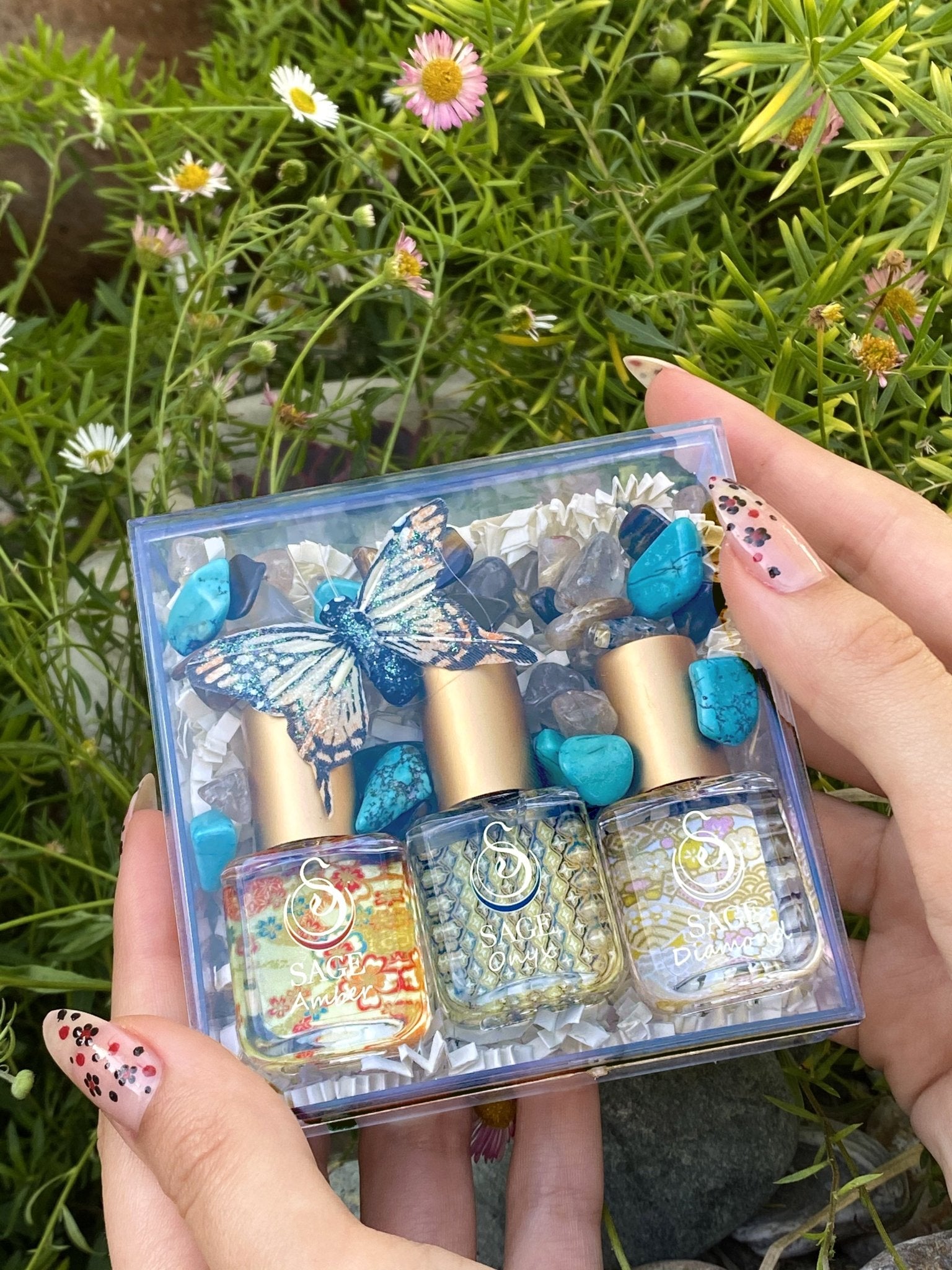 1/4 oz Sage diamond, onyx, amber organic perfume oil roll ons, gift set in box, vegan, gender-neutral, earthy fragrances