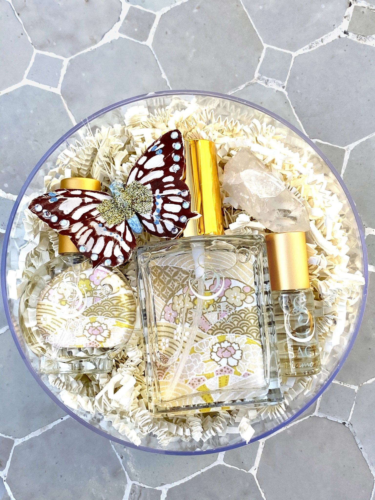 Customized gift set in box 1/8 oz perfume oil, 2 oz and 1/2 oz eau de toilette, gemstone, reusable box, vegan, cruelty-free