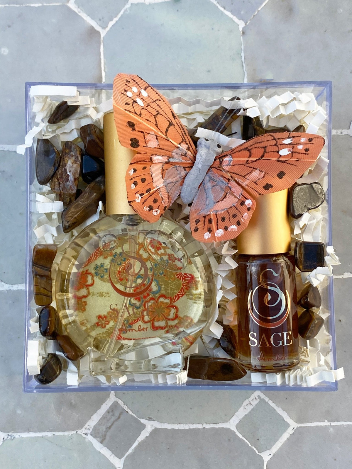Customized gift set in box including 1/2 oz eau de toilette and 1/8 oz perfume oil roll on, vegan, cruelty-free, fragrances