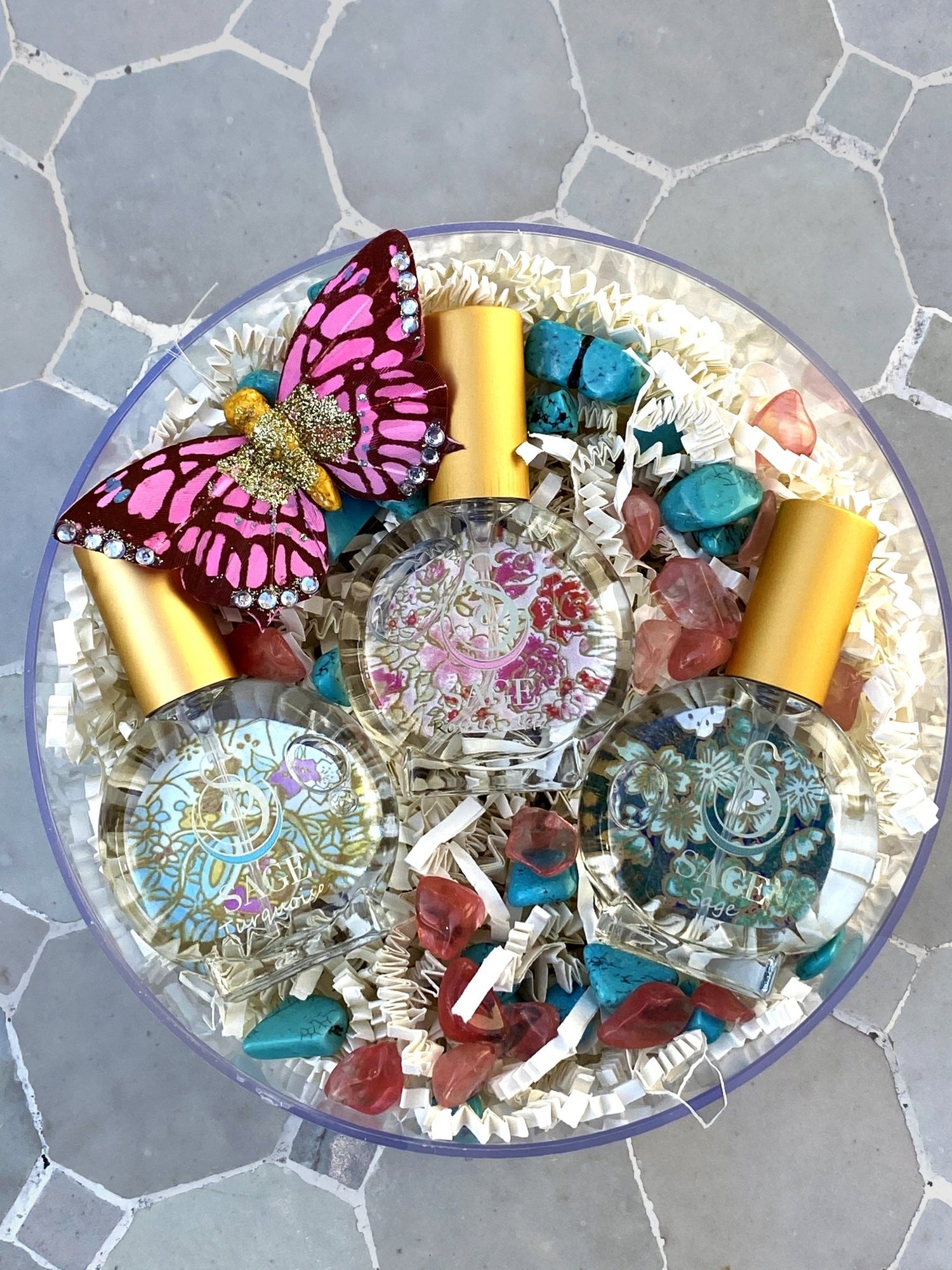 1/2 oz Rose Quartz,Turquoise, and Sage organic perfume sprays in gift box, vegan, cruelty-free, floral fragrances