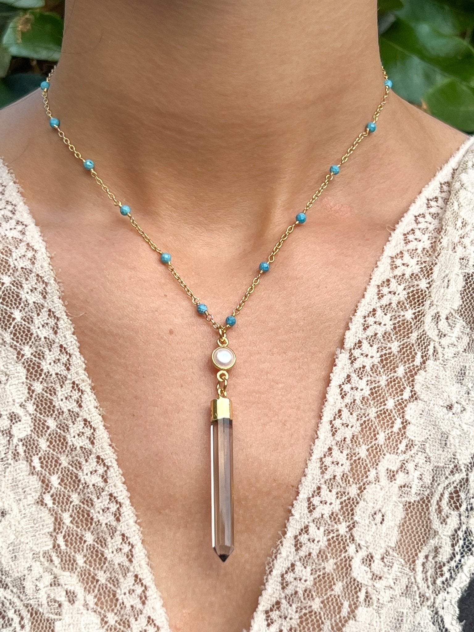 Smokey Topaz Spike with White Freshwater Pearl Necklace on Gold Chain with Arizona Turquoise by Sage Machado - The Sage Lifestyle