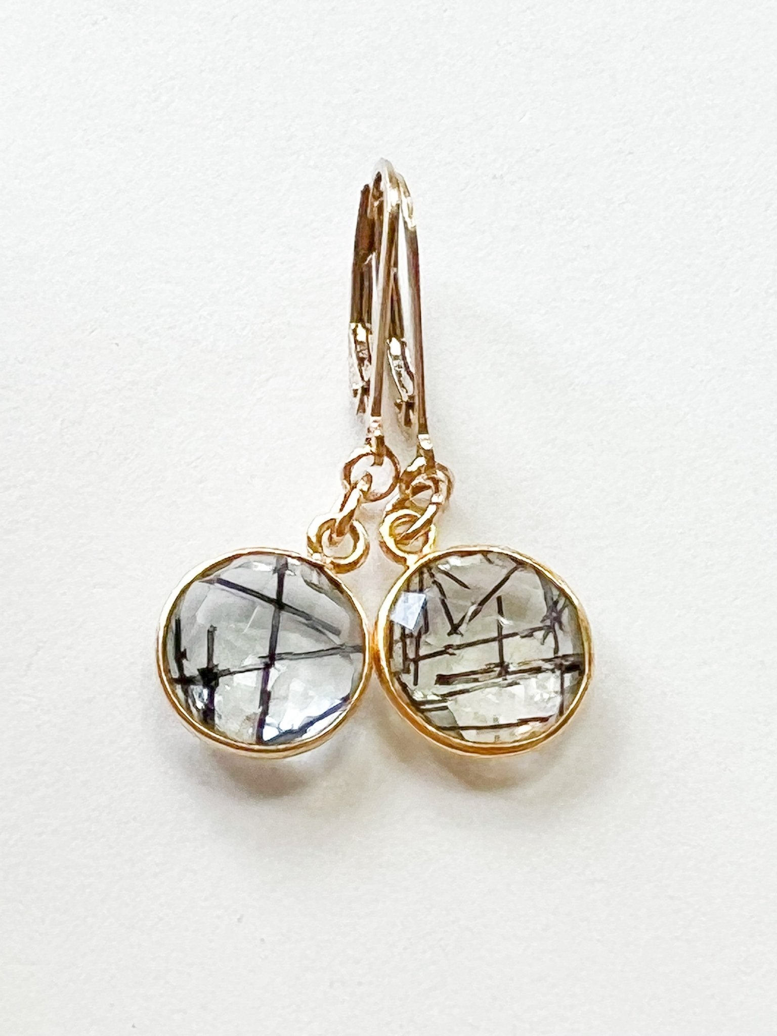 Tourmalated Quartz Round Drop Charm Gold Earrings by Sage Machado - The Sage Lifestyle