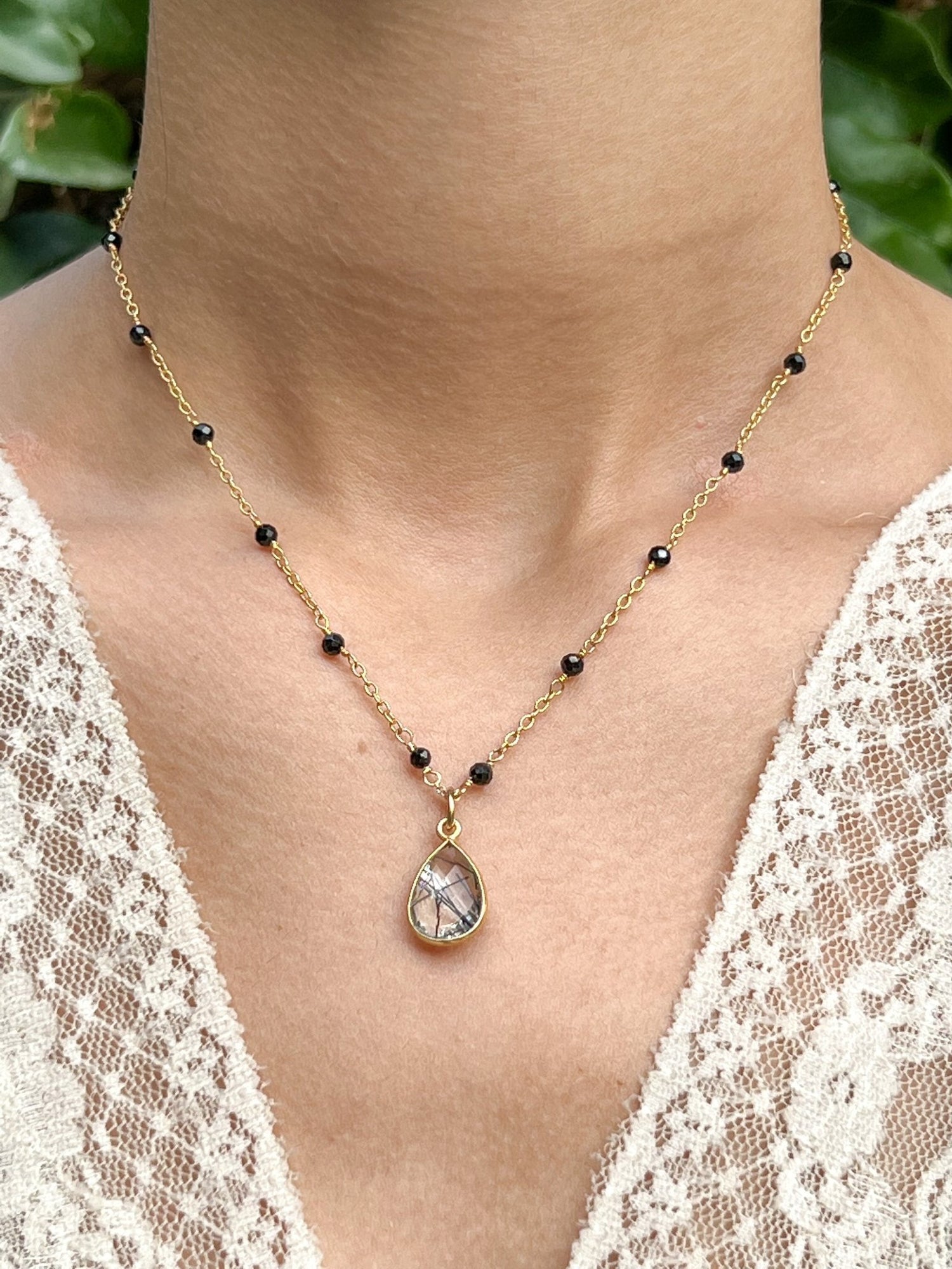 Tourmalated Quartz Teardrop Charm Necklace on Gold Chain with Black Onyx by Sage Machado - The Sage Lifestyle