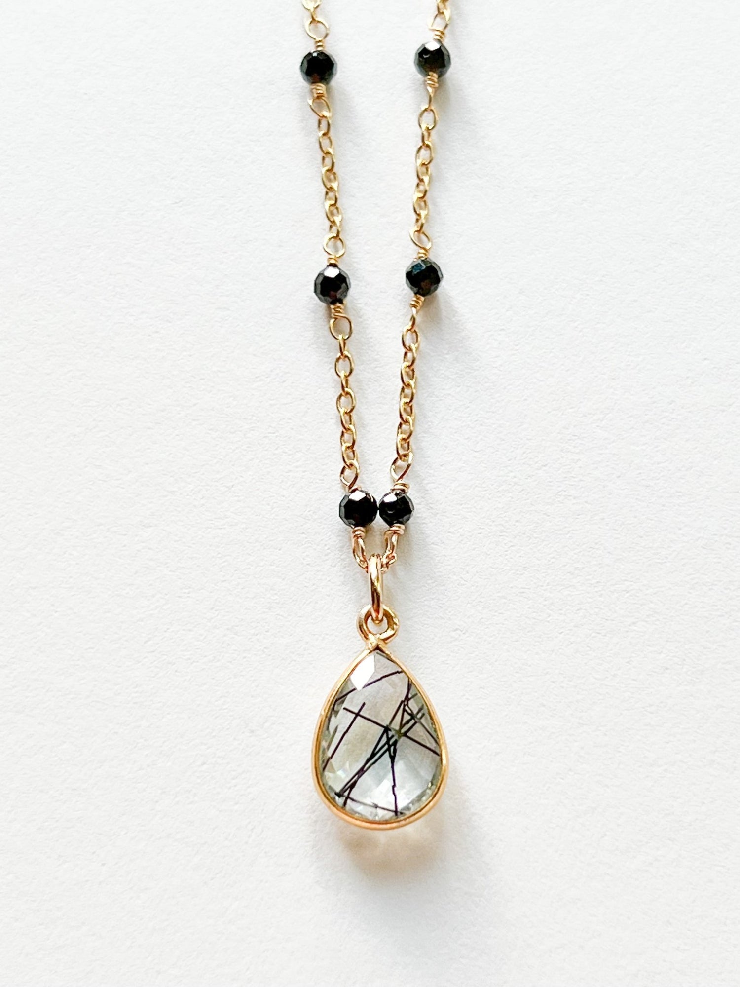 Tourmalated Quartz Teardrop Charm Necklace on Gold Chain with Black Onyx by Sage Machado - The Sage Lifestyle