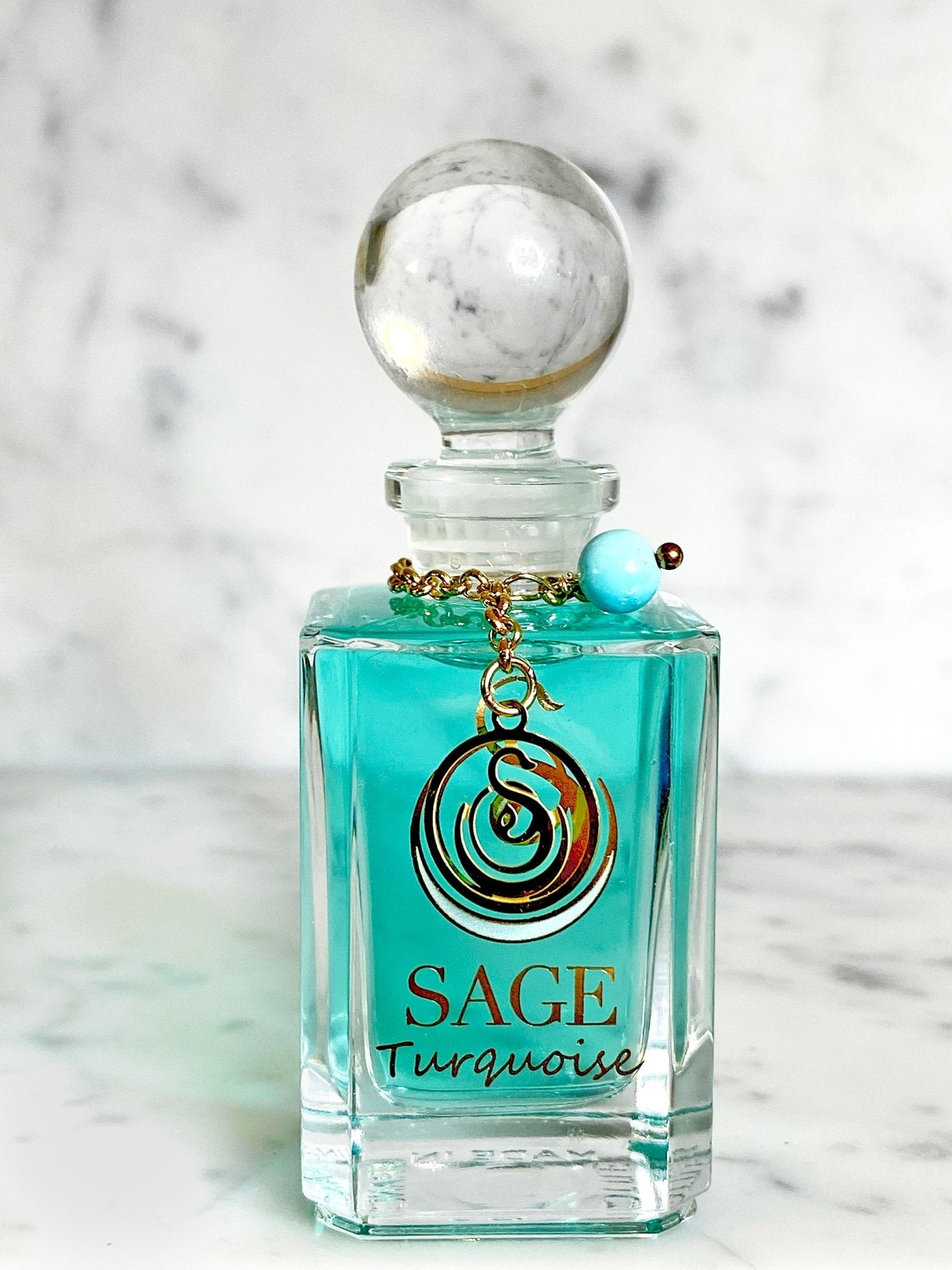 1/2 oz Sage Turquoise Perfume Oil Glass Vanity Bottle with gemstones, Marine, Gender Neutral Fragrance, Vegan, Cruelty Free, scent