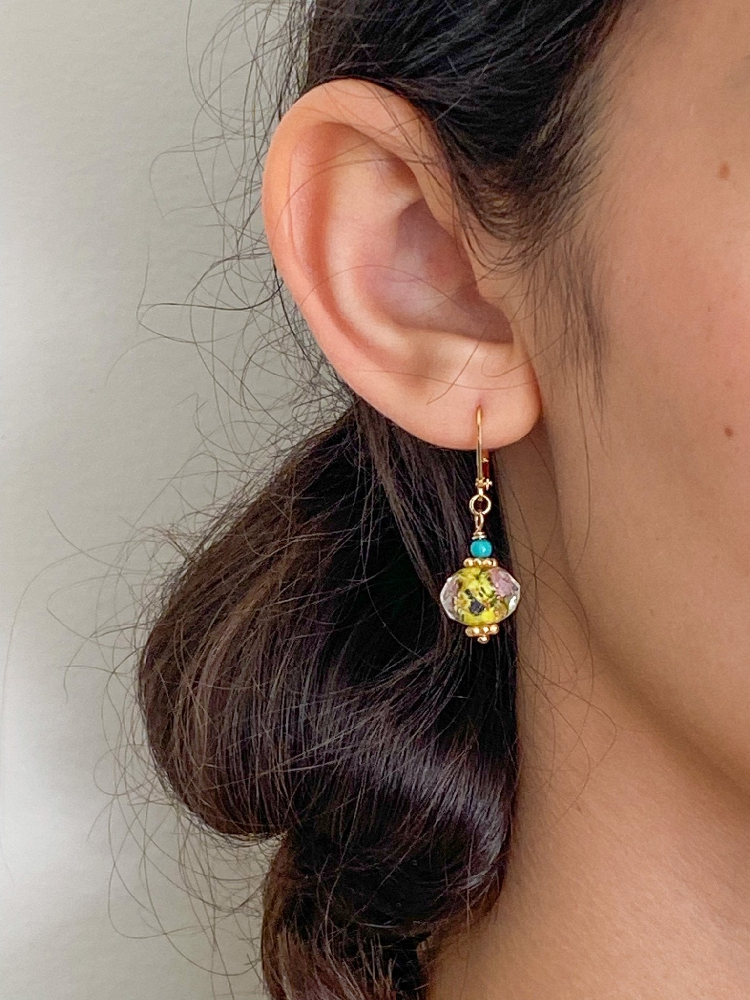 Yellow Peking Glass Floral Gold Charm Earrings with Green Turquoise by Sage Machado - The Sage Lifestyle