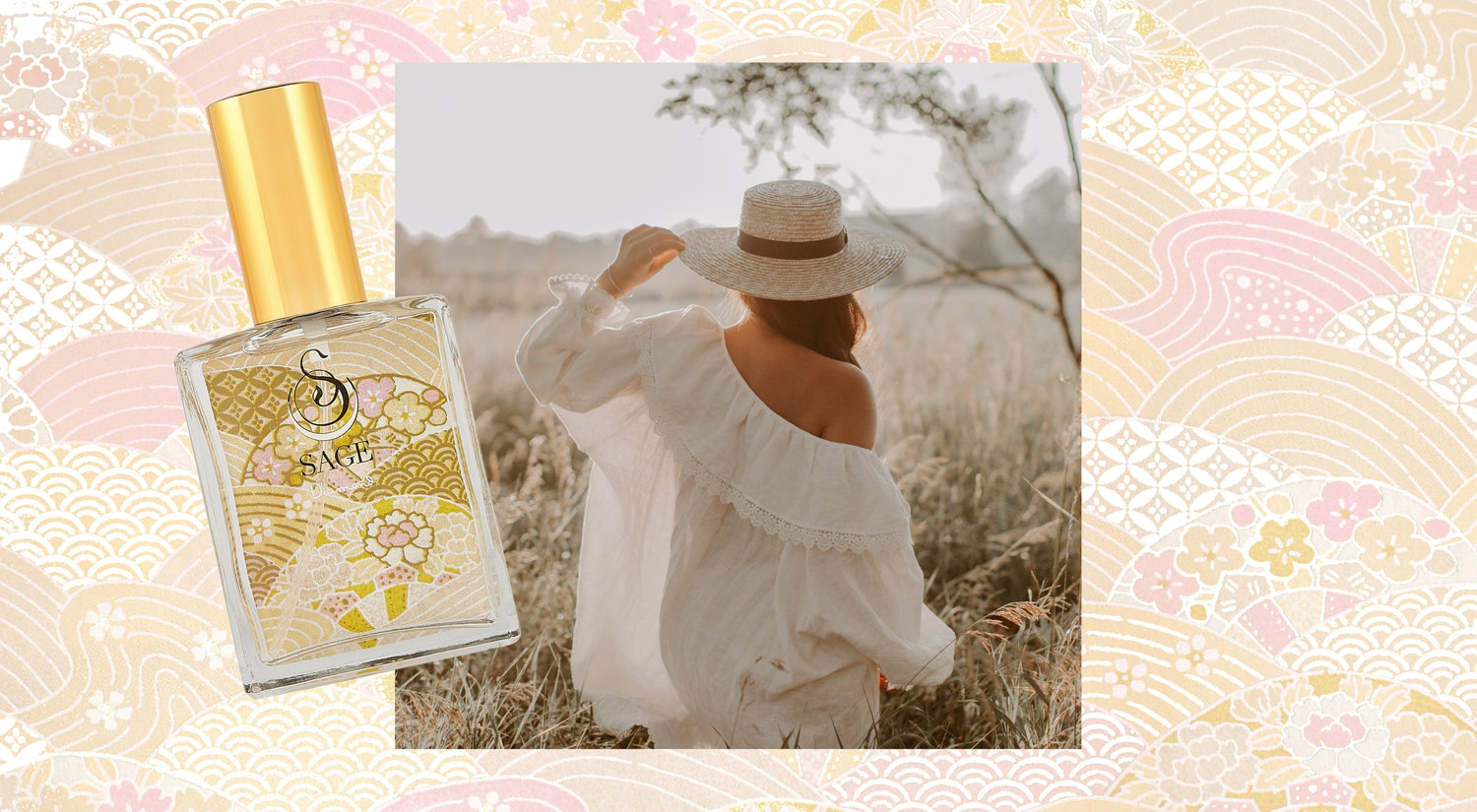 2 oz Sage Pearl perfume spray, subtle, gender neutral,vegan, cruelty free fragrance with a woman in peaceful garden setting