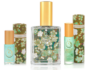 1/8 oz  Sage perfume oil, 2 oz Sage organic eau de toilette, 1/4 oz roll-on with gemstones, vegan, cruelty-free gift set