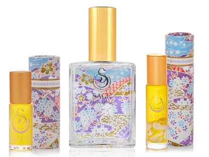 1/8 oz Moonstone perfume oil, 2 oz Moonstone organic eau de toilette, 1/4 oz roll-on with gemstones, vegan, cruelty-free set