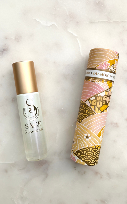 Sage Diamond perfume bottle and packaging on a marble surface
