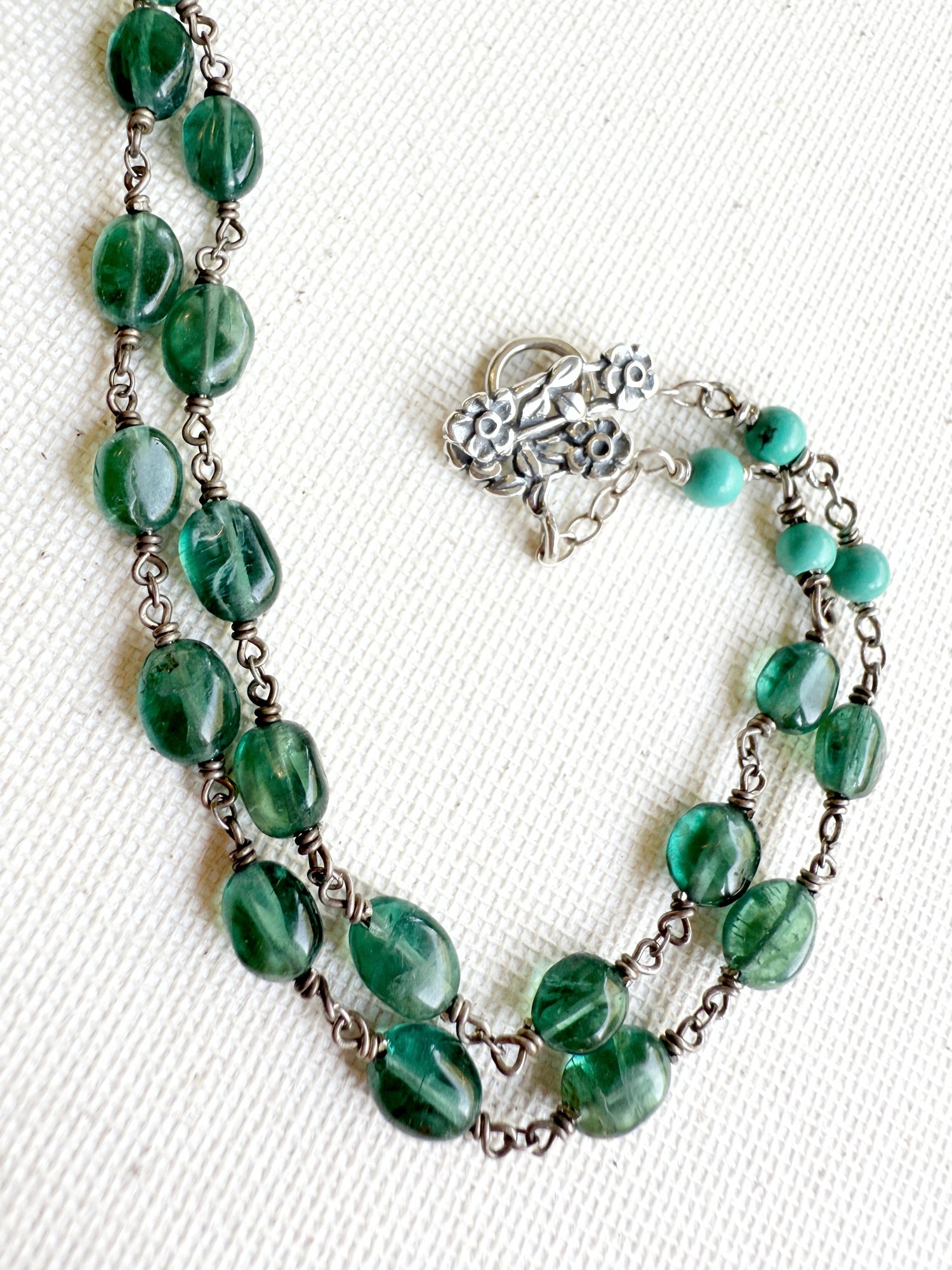 One of a Kind Vintage Arizona Turquoise, Sterling Silver and Apatite Necklace by Sage Machado