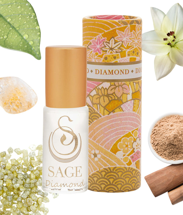 1/8 oz roll on Sage Diamond Perfume Oil in a reusable box, subtle scent, gender neutral, vegan, and cruelty free fragrance
