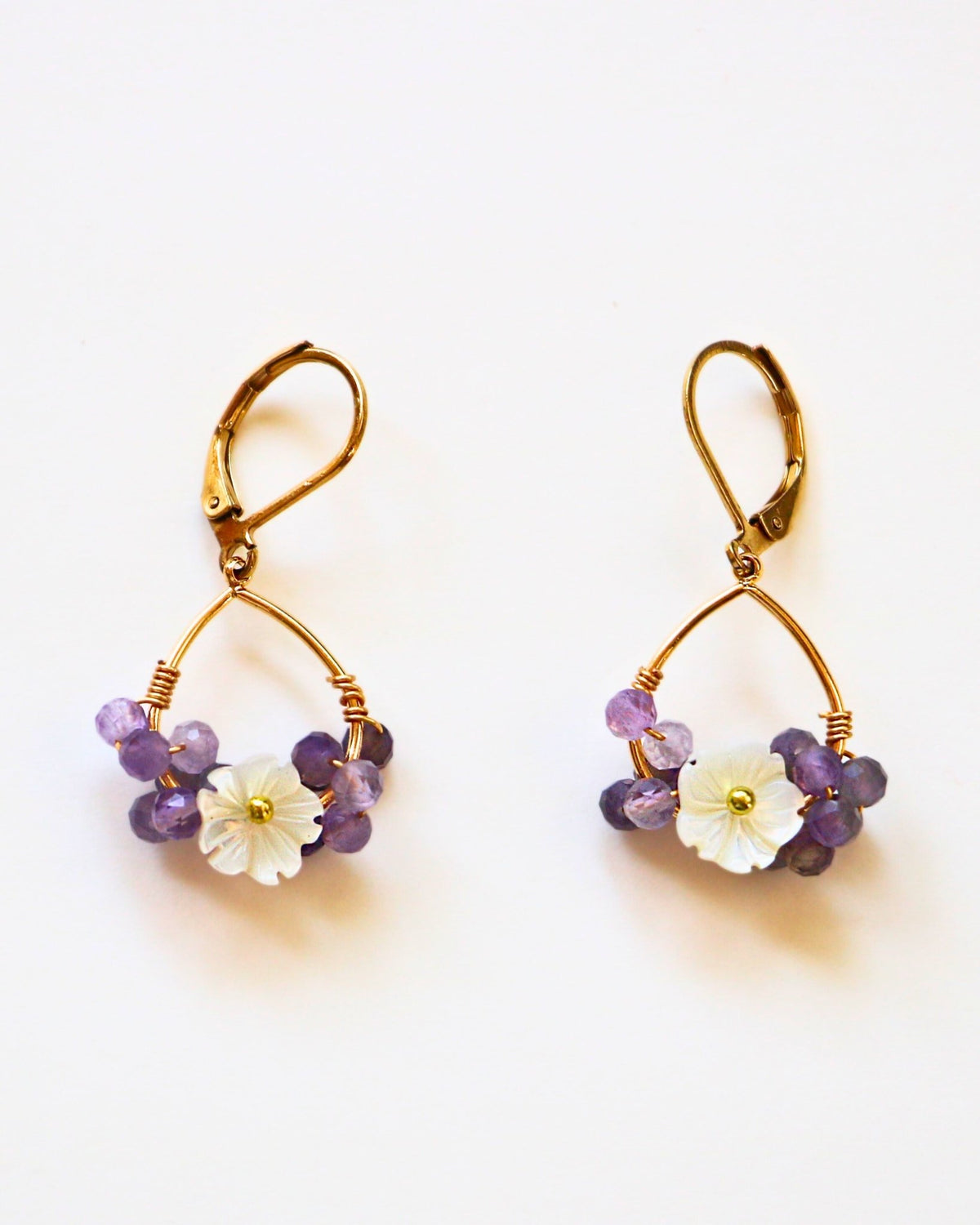 Amethyst and Mother of Pearl Charmed Cluster Gold Earrings by Sage Machado - The Sage Lifestyle