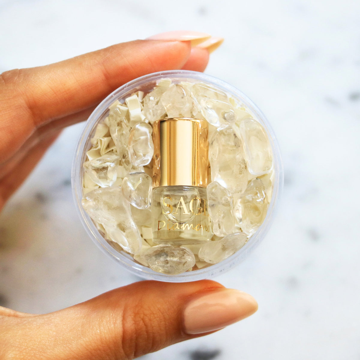 .03 oz Mini roll on Sage Diamond Perfume Oil with gemstones, subtle gender neutral, vegan and cruelty free,travel size scent
